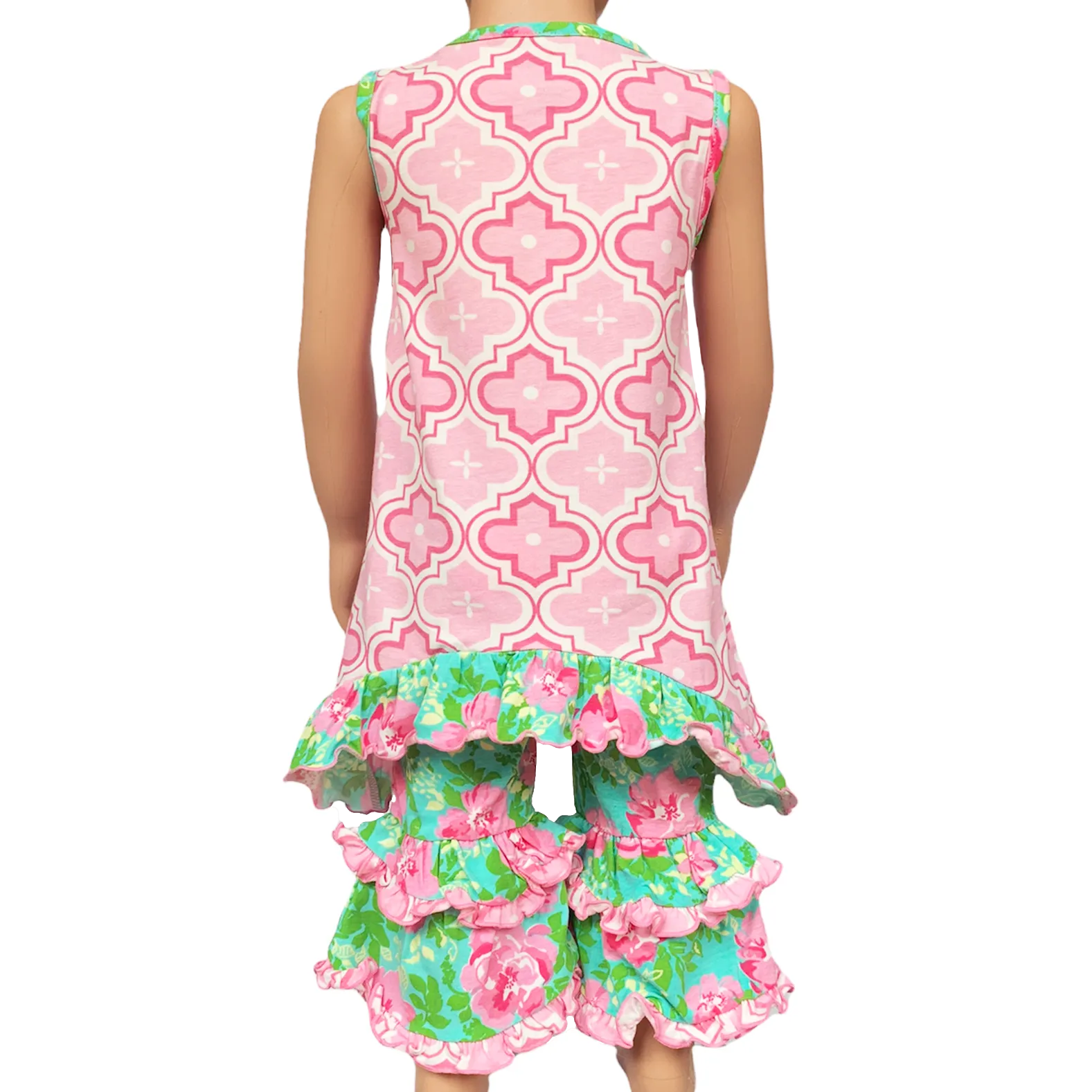 AnnLoren Big Little Girls Easter Bunny Tunic Spring Floral Ruffle Capri Pants Outfit