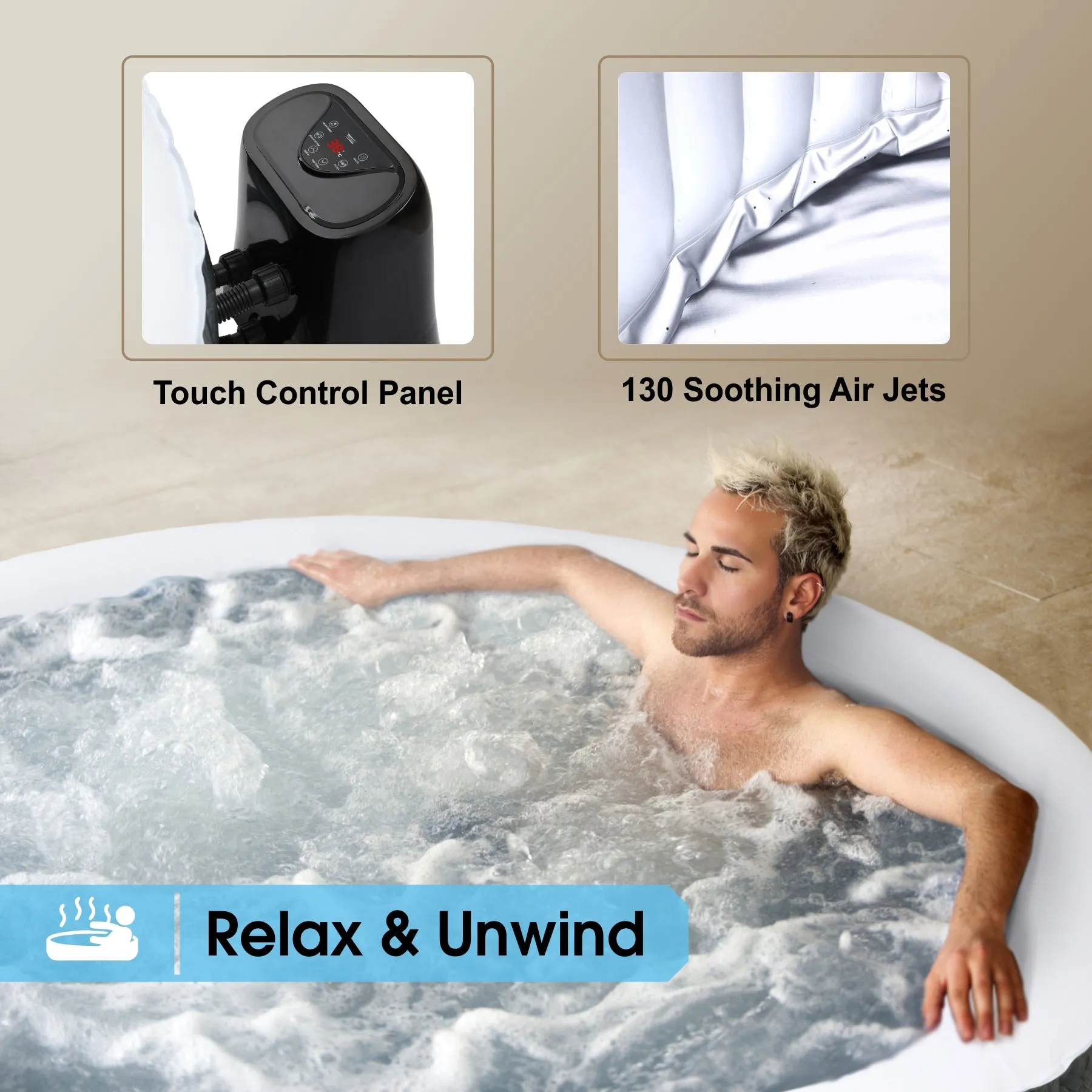 Aqua Spirit Self-Inflating Inflatable Quick Heating Indoor & Outdoor Round Hot Tub Spa Bubble Jacuzzi with Cover & Ground Sheet, Up to 6 Persons, Black & White