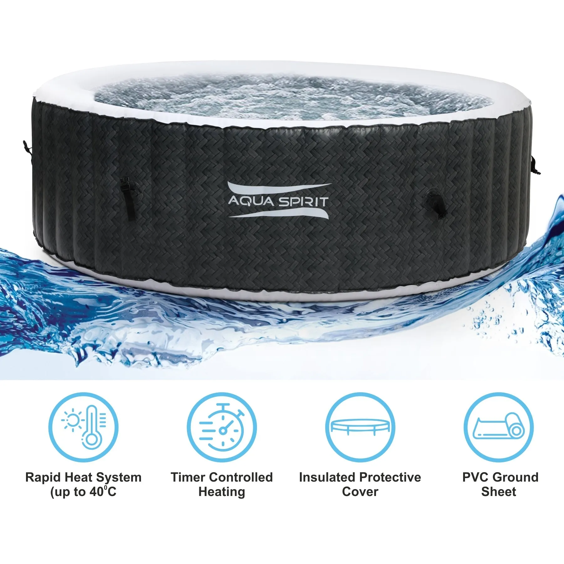 Aqua Spirit Self-Inflating Inflatable Quick Heating Indoor & Outdoor Round Hot Tub Spa Bubble Jacuzzi with Cover & Ground Sheet, Up to 6 Persons, Black & White