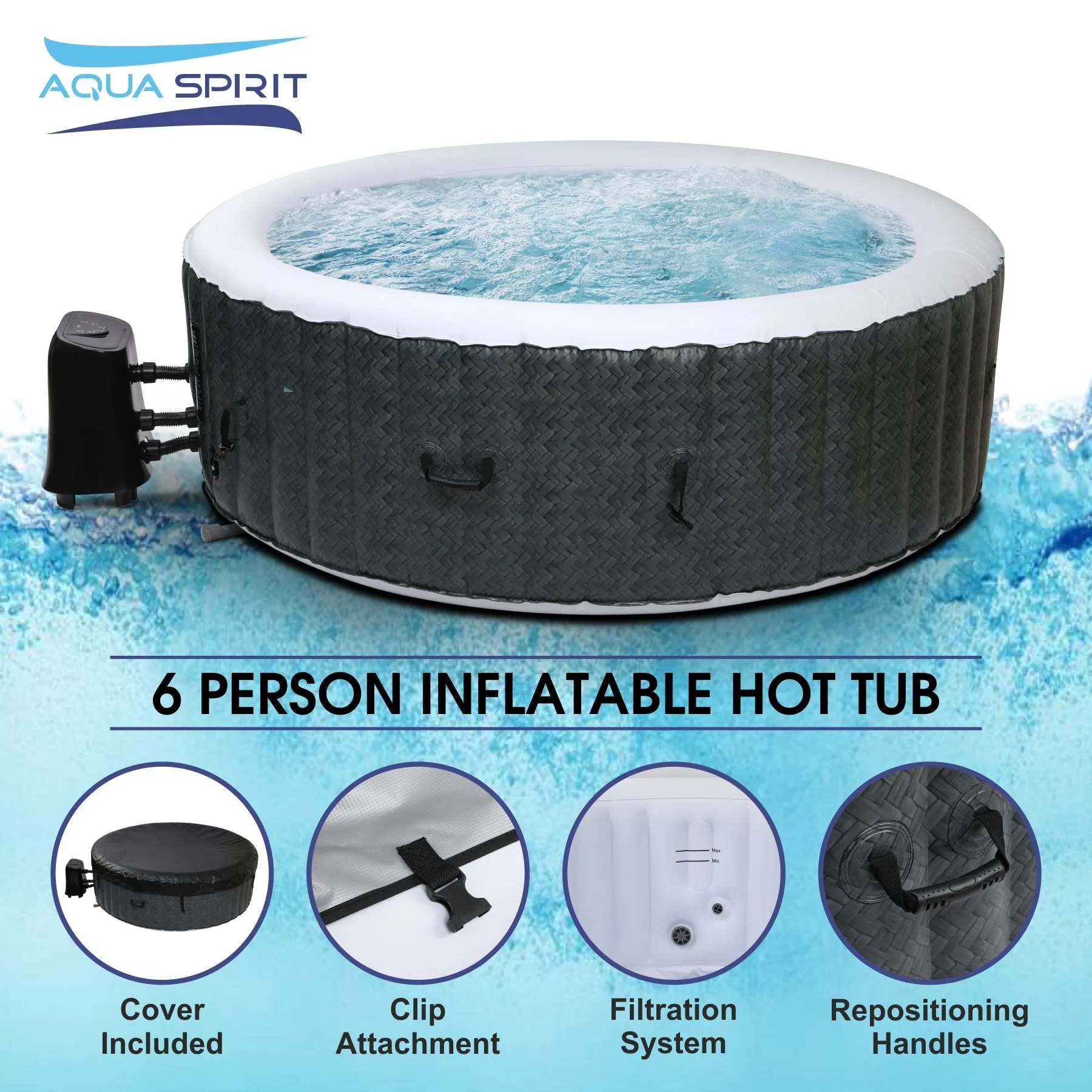 Aqua Spirit Self-Inflating Inflatable Quick Heating Indoor & Outdoor Round Hot Tub Spa Bubble Jacuzzi with Cover & Ground Sheet, Up to 6 Persons, Black & White