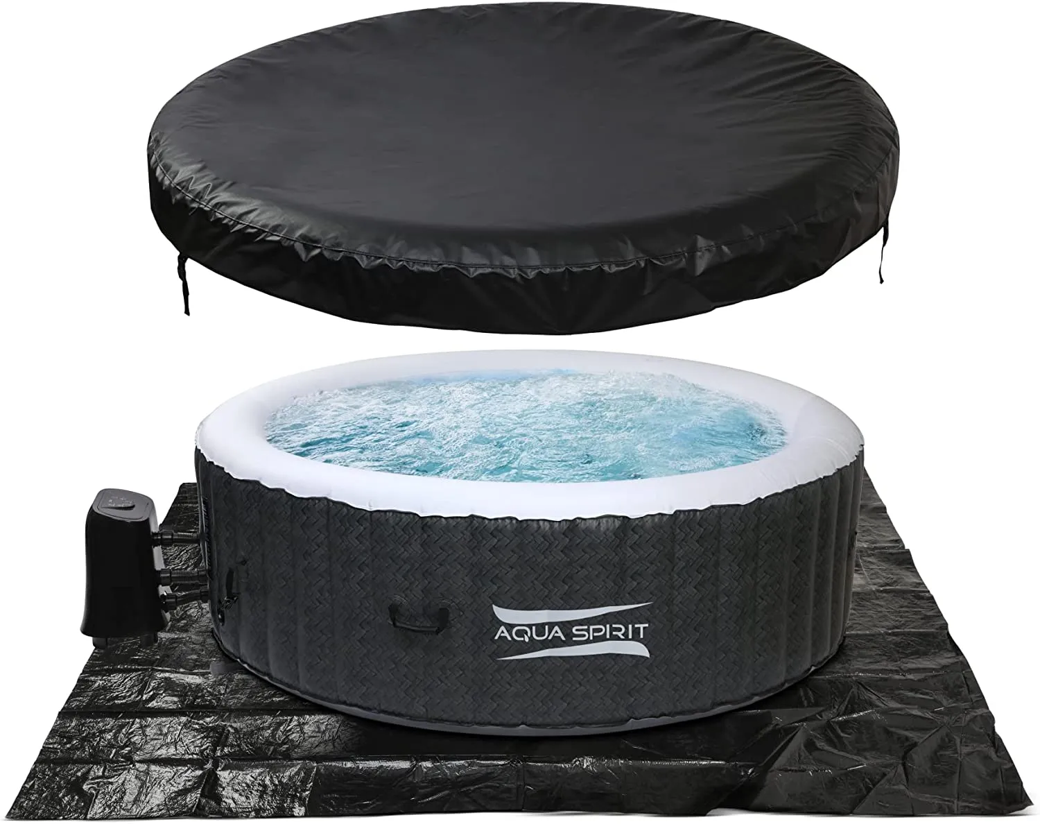 Aqua Spirit Self-Inflating Inflatable Quick Heating Indoor & Outdoor Round Hot Tub Spa Bubble Jacuzzi with Cover & Ground Sheet, Up to 6 Persons, Black & White