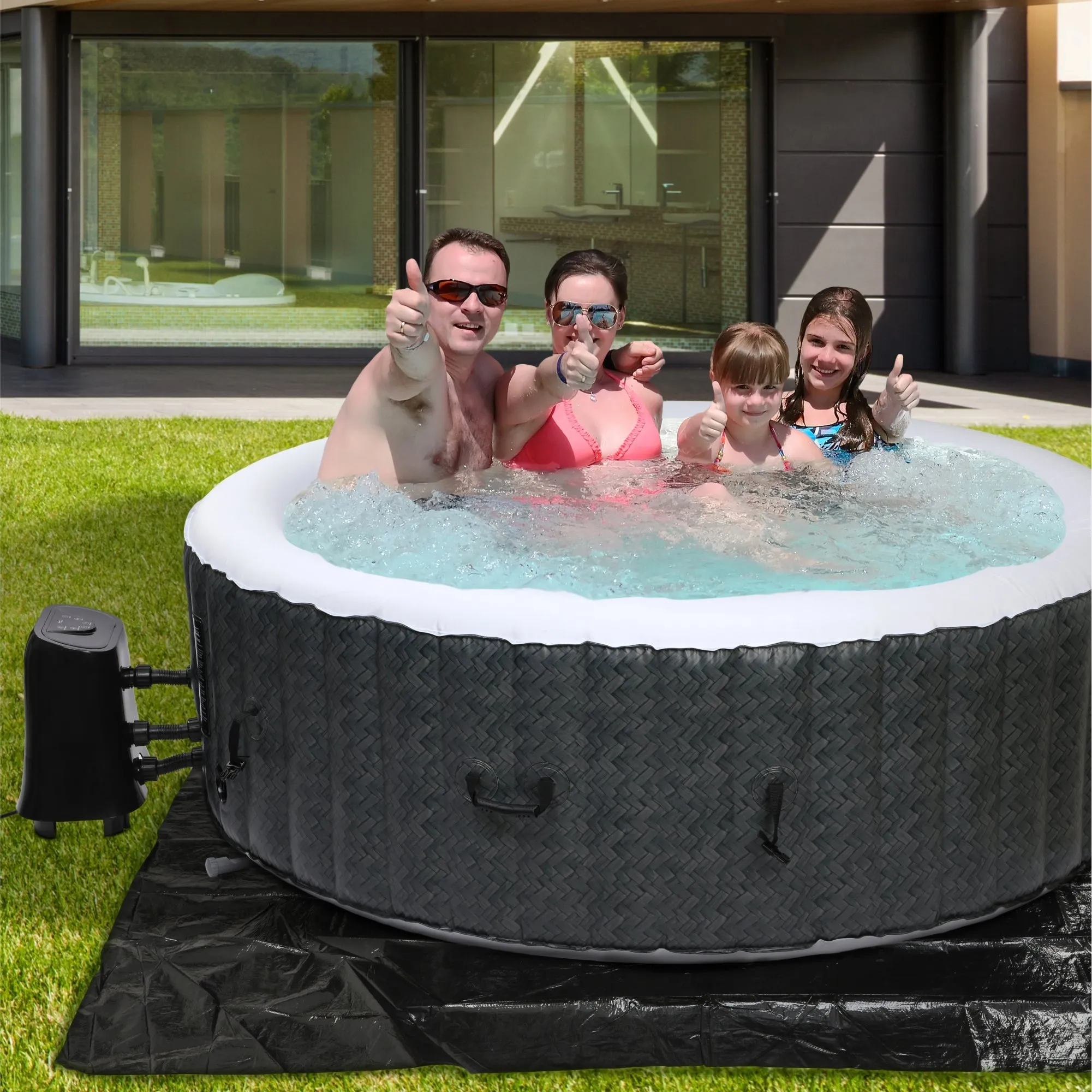 Aqua Spirit Self-Inflating Inflatable Quick Heating Indoor & Outdoor Round Hot Tub Spa Bubble Jacuzzi with Cover & Ground Sheet, Up to 6 Persons, Black & White