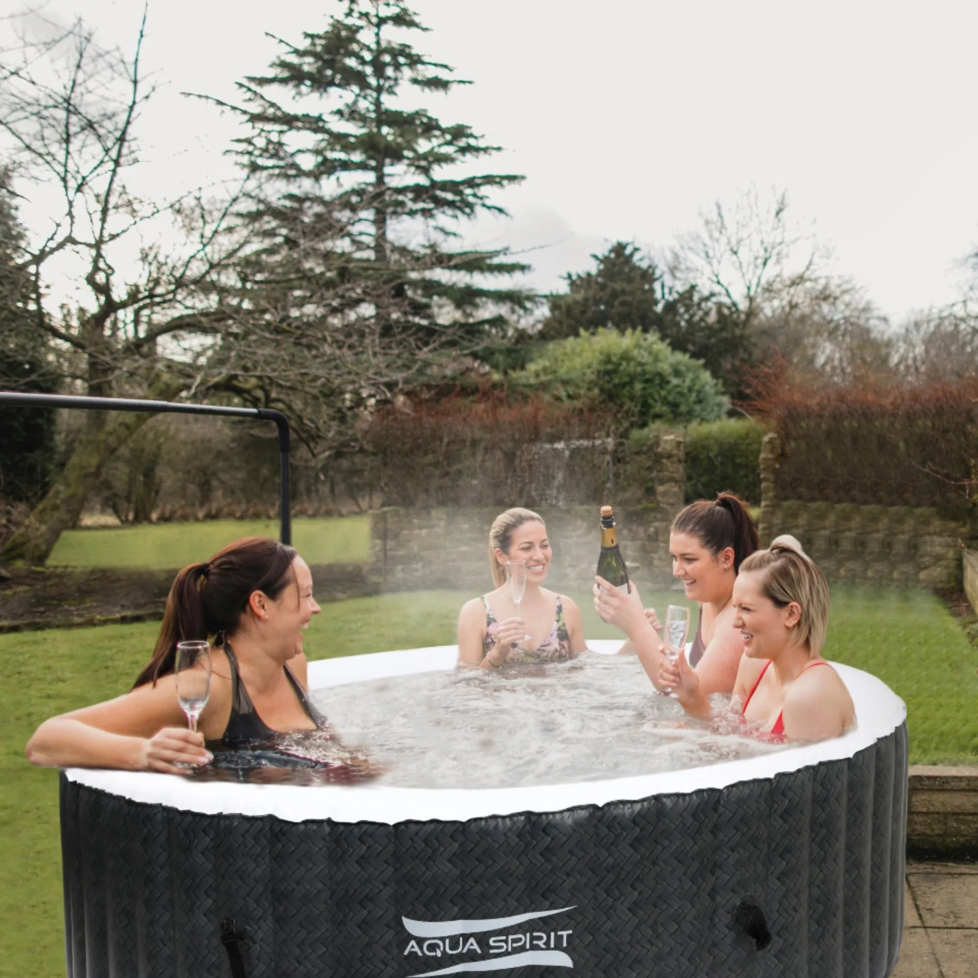 Aqua Spirit Self-Inflating Inflatable Quick Heating Indoor & Outdoor Round Hot Tub Spa Bubble Jacuzzi with Cover & Ground Sheet, Up to 6 Persons, Black & White