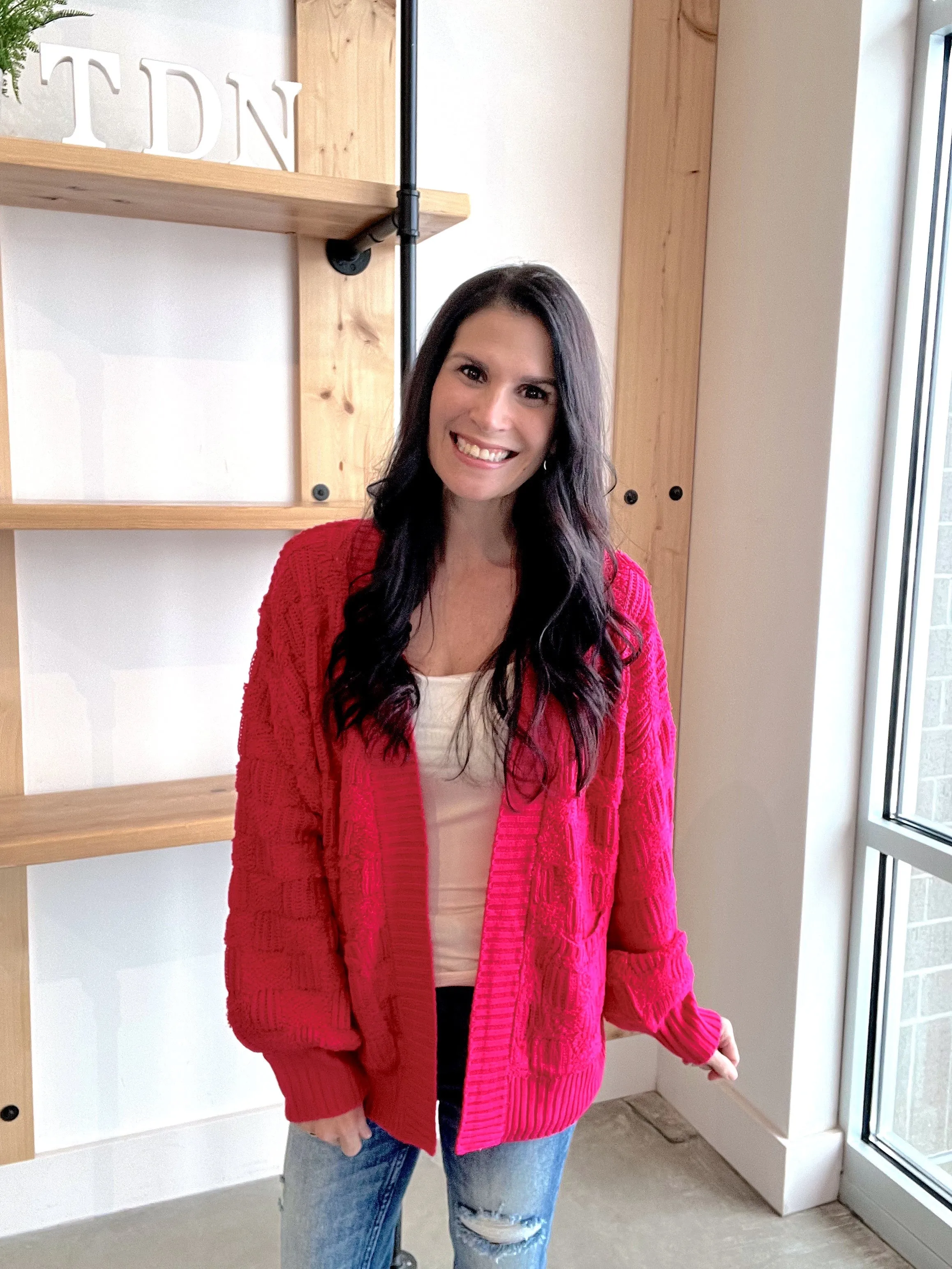 Checkered Textured Knit Cardi - Hot Pink