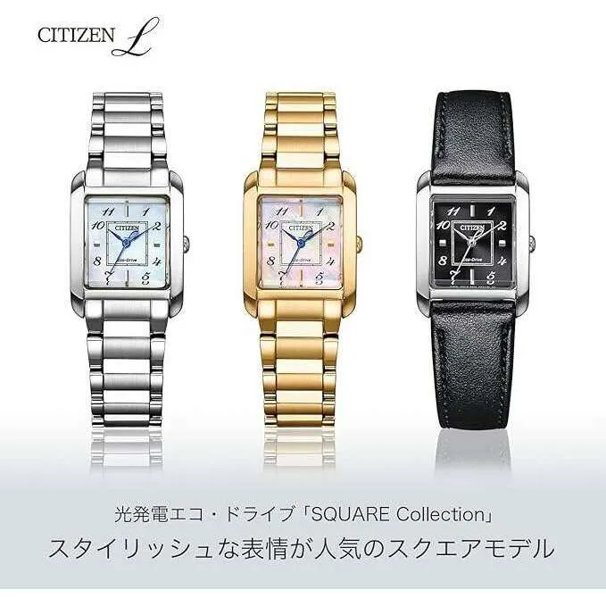 CITIZEN L SQUARE COLLECTION ECO-DRIVE WARM GOLD STRAP PEARLY DIAL LADIES WATCH EW5603-89Y
