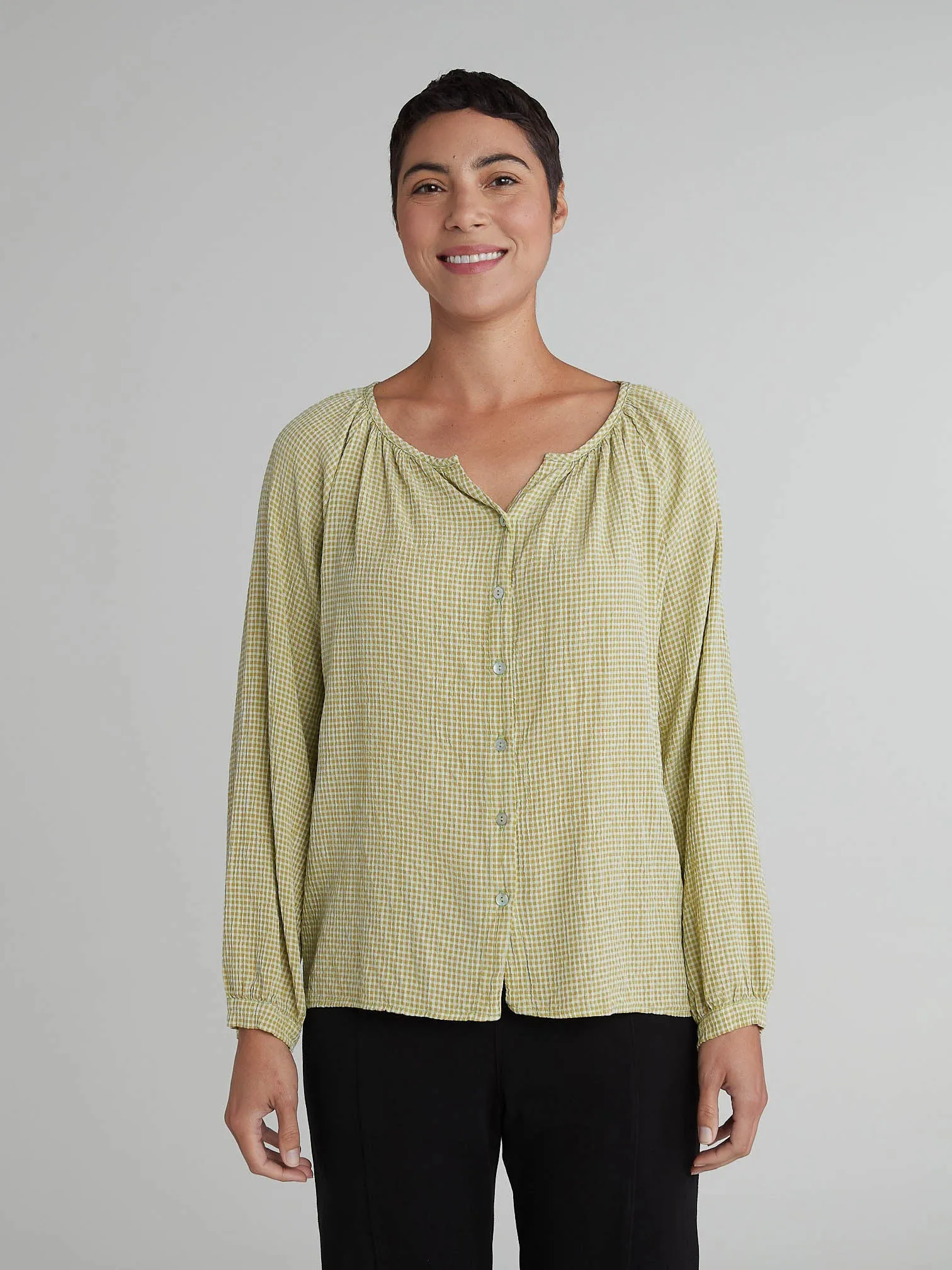 Cut Loose Crinkle Check Collarless Blouse, Style #6126253