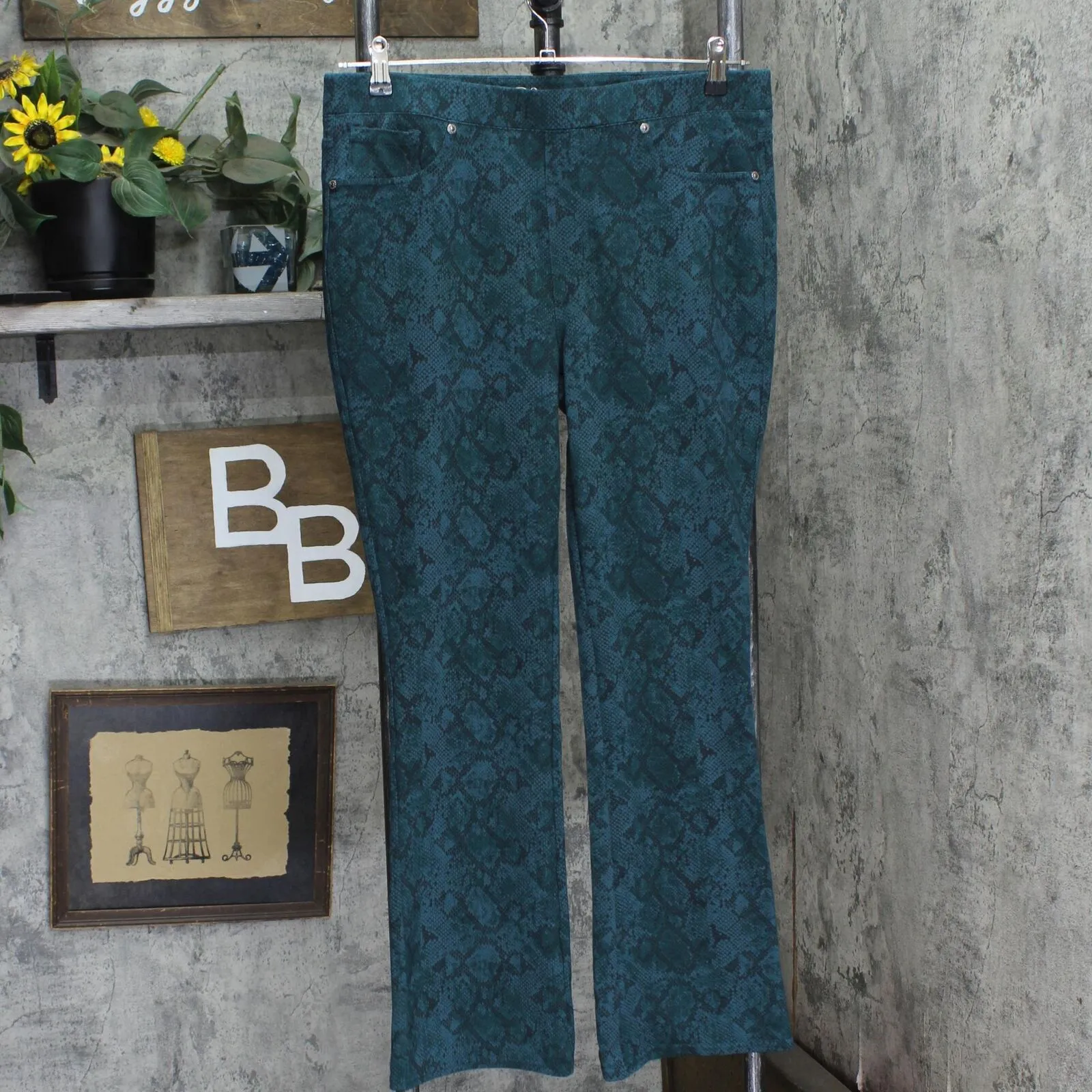 DG2 by Diane Gilman Knit Boot Cut Stretch Pull On Ponte Pant Green Snake Print L