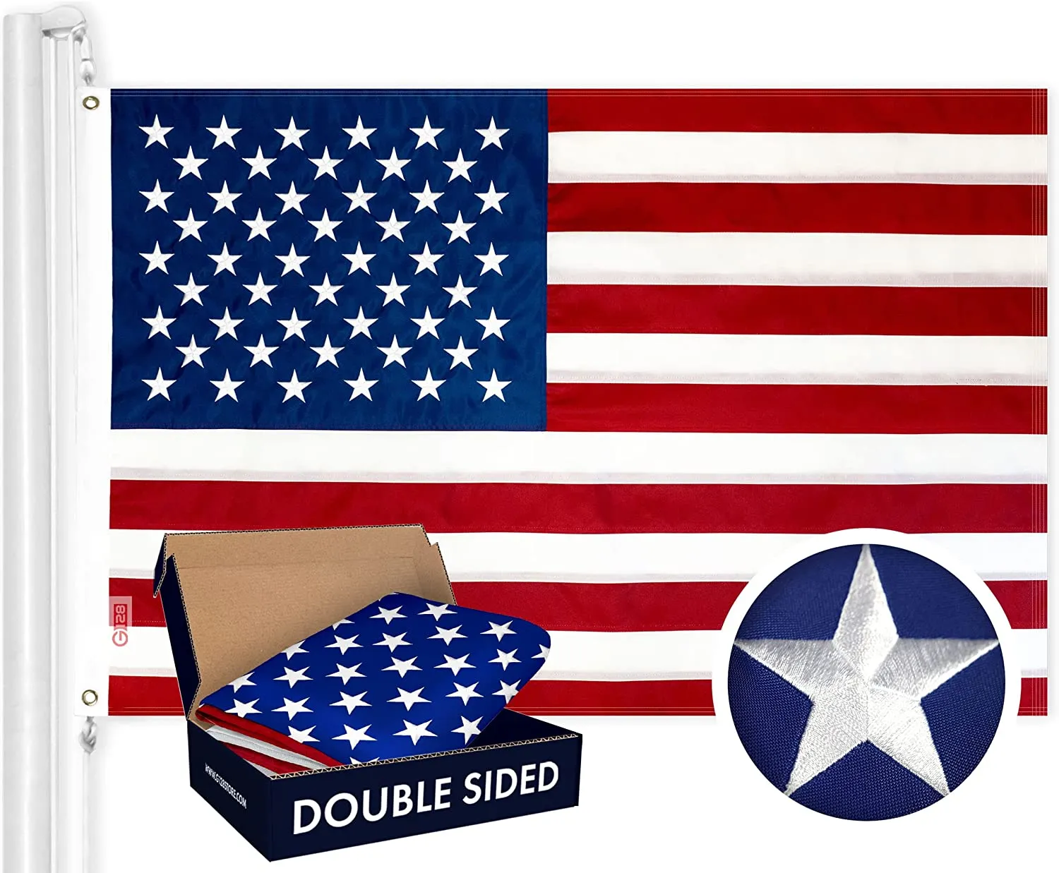Double Sided US American Flag. Embroidered Stars Embroidered Stars Sewn Stripes