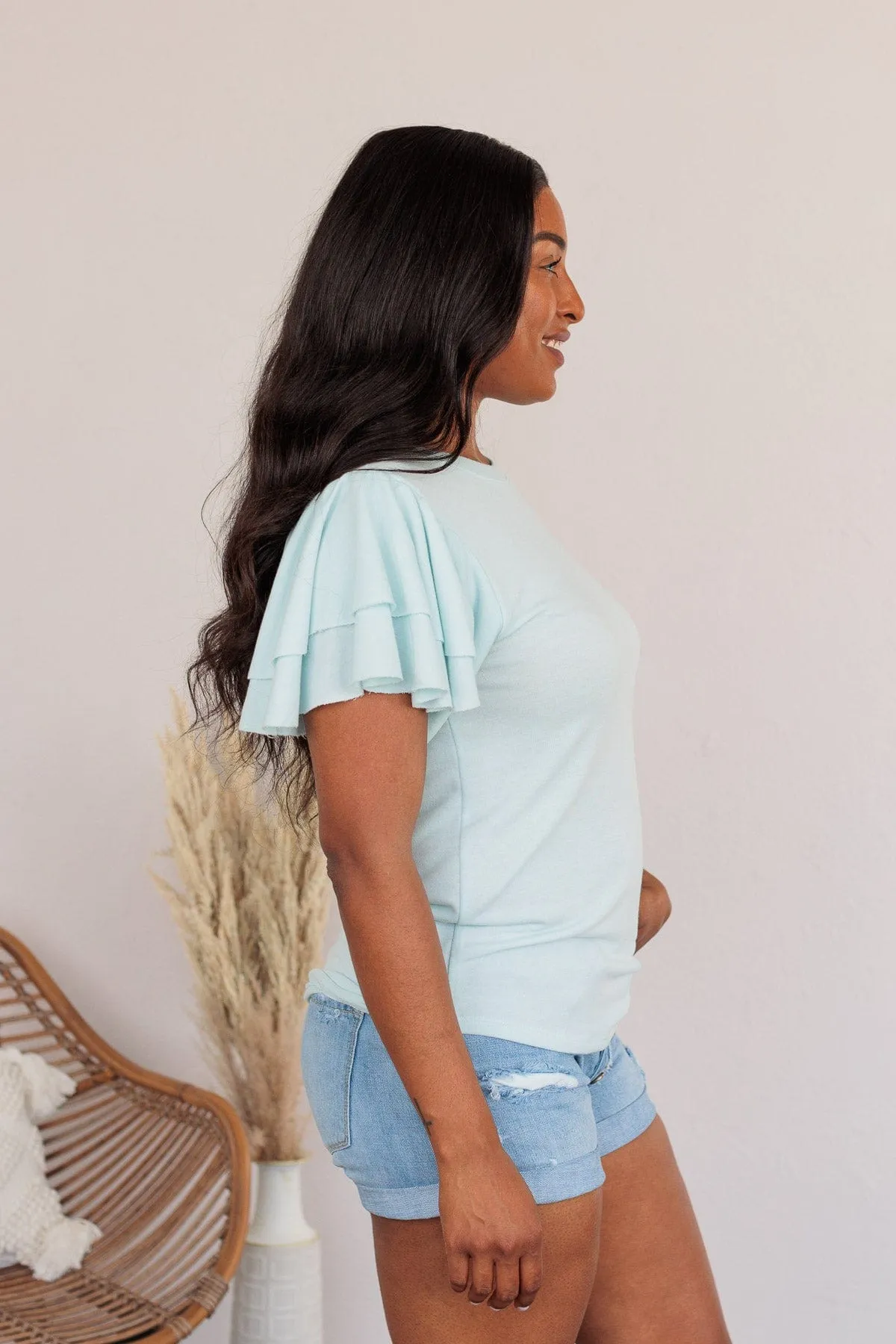Fly Above The Rest Flutter Sleeve Top- Baby Blue