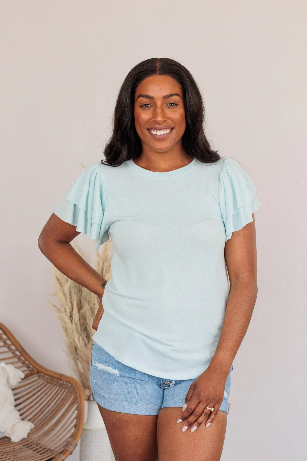 Fly Above The Rest Flutter Sleeve Top- Baby Blue