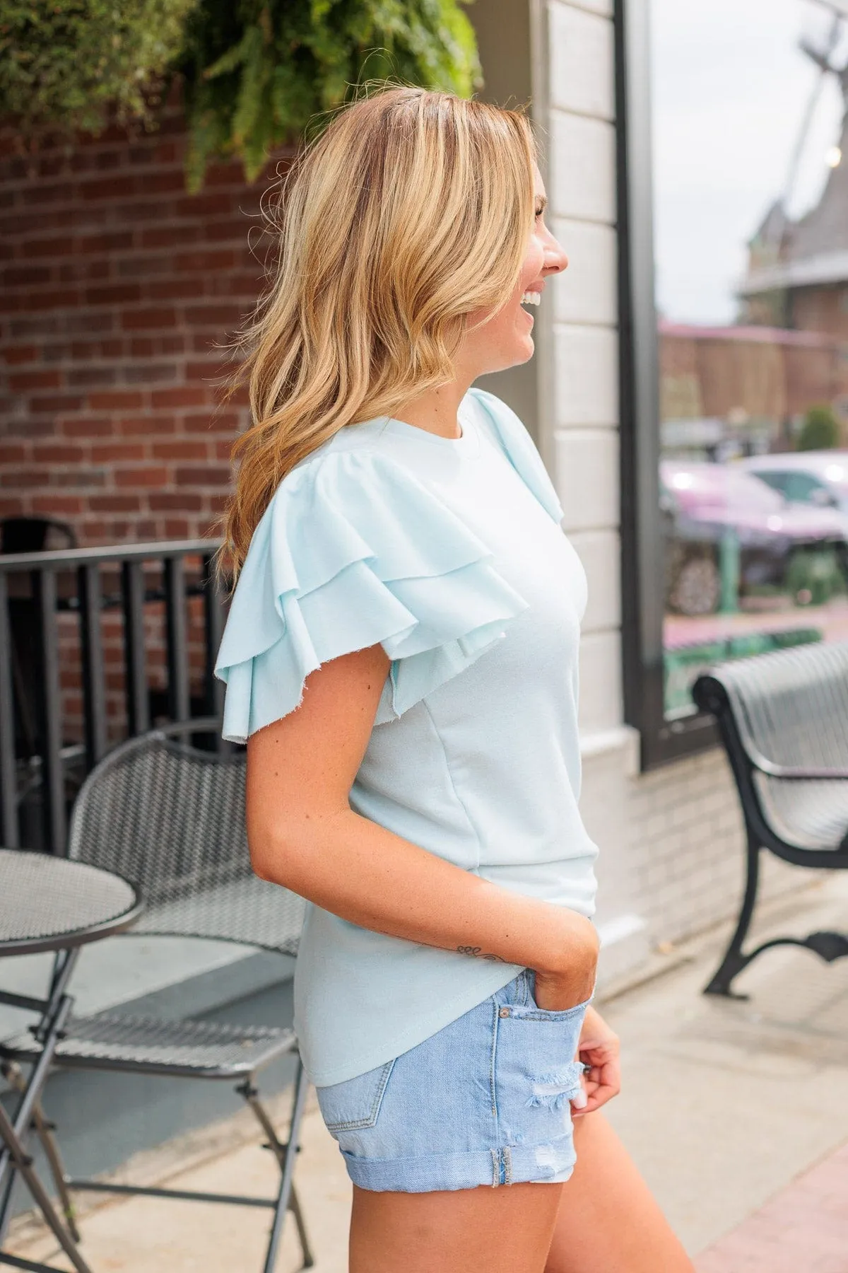 Fly Above The Rest Flutter Sleeve Top- Baby Blue