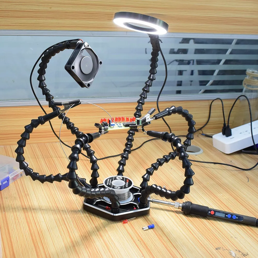 Helping Hands Third Arm Soldering Work Station 6 Flexible Arms with Precision 360 Degree Alligator Clip USB 3X Magnifier Model Games Workshop and Assembly Electronics PCB Board