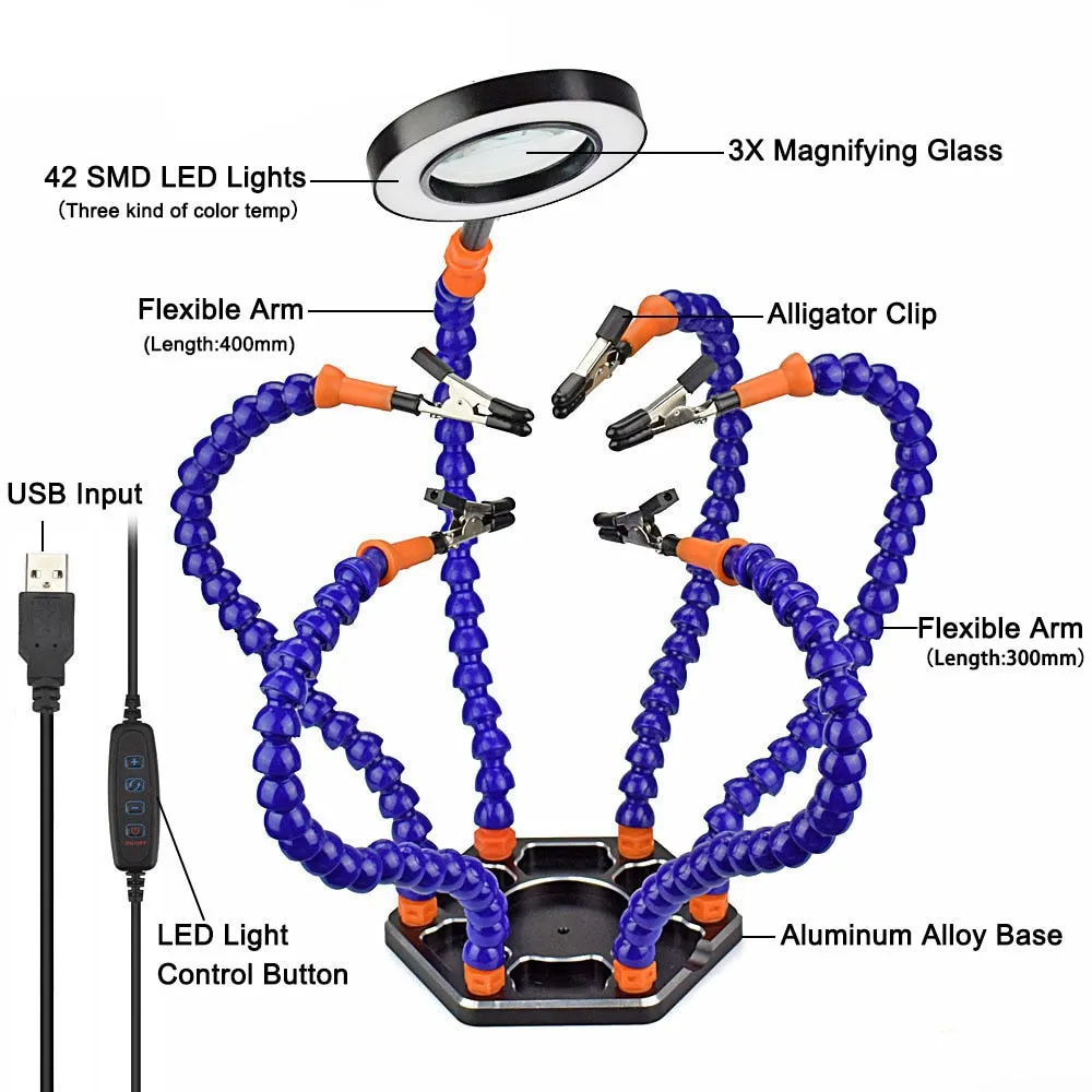 Helping Hands Third Arm Soldering Work Station 6 Flexible Arms with Precision 360 Degree Alligator Clip USB 3X Magnifier Model Games Workshop and Assembly Electronics PCB Board