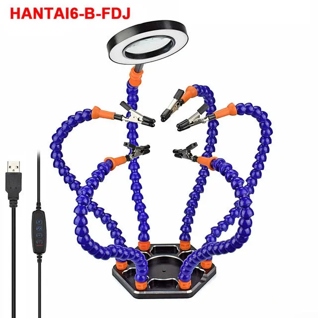Helping Hands Third Arm Soldering Work Station 6 Flexible Arms with Precision 360 Degree Alligator Clip USB 3X Magnifier Model Games Workshop and Assembly Electronics PCB Board
