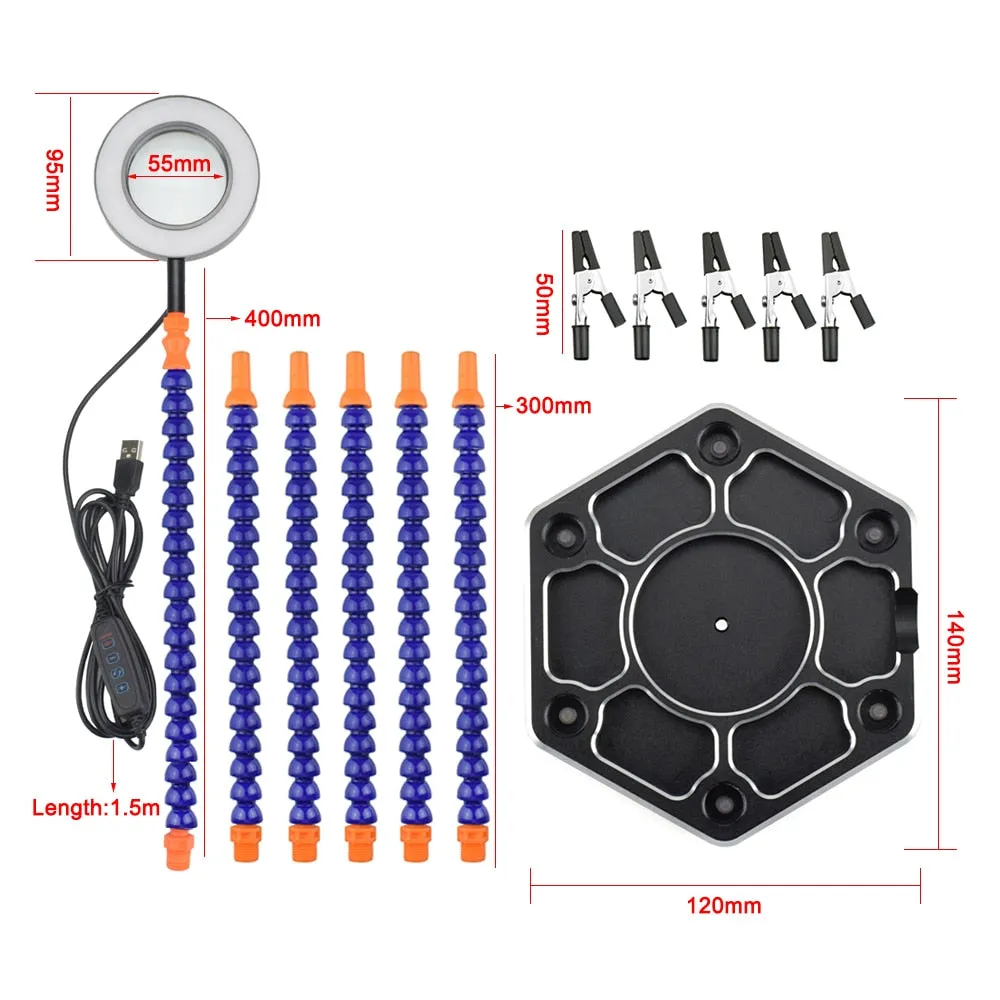 Helping Hands Third Arm Soldering Work Station 6 Flexible Arms with Precision 360 Degree Alligator Clip USB 3X Magnifier Model Games Workshop and Assembly Electronics PCB Board