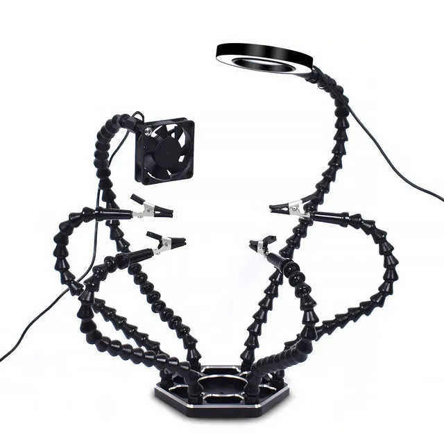 Helping Hands Third Arm Soldering Work Station 6 Flexible Arms with Precision 360 Degree Alligator Clip USB 3X Magnifier Model Games Workshop and Assembly Electronics PCB Board
