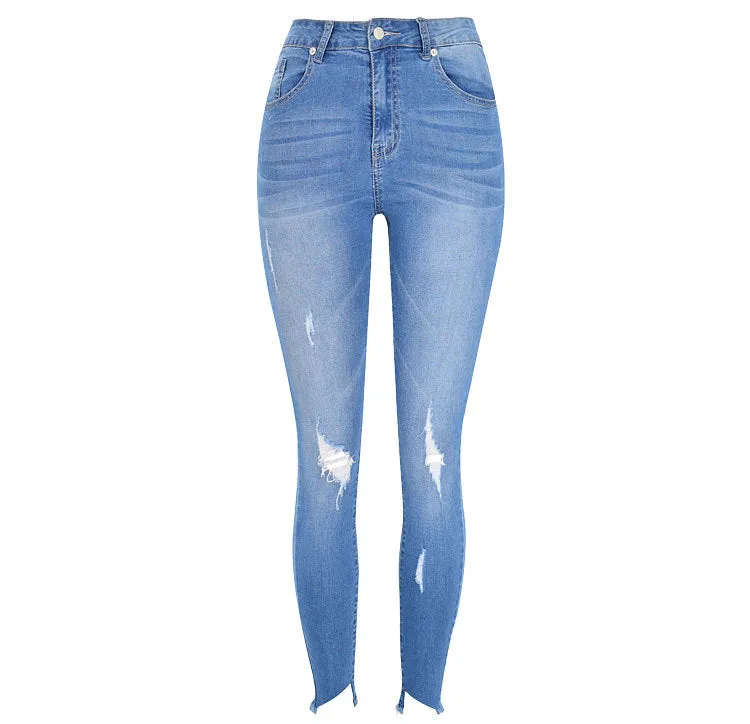High Waist Slim Stretch Wash Irregular Jeans