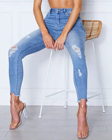 High Waist Slim Stretch Wash Irregular Jeans