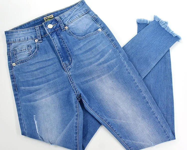 High Waist Slim Stretch Wash Irregular Jeans