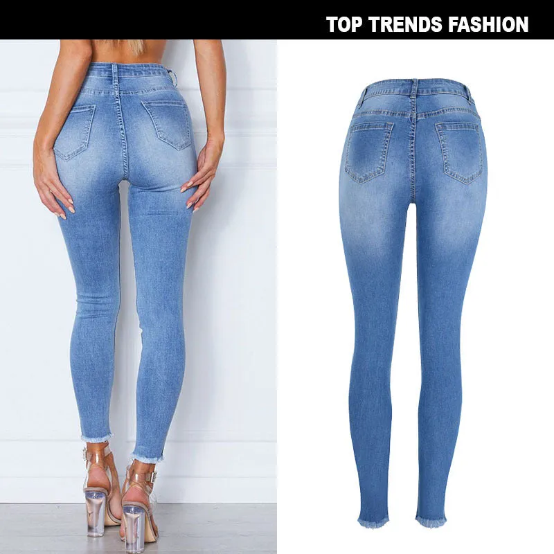 High Waist Slim Stretch Wash Irregular Jeans