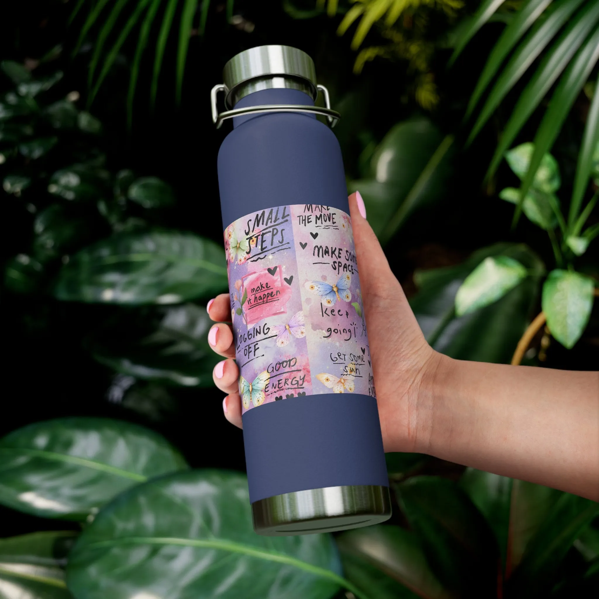 Inspirational Copper Insulated Water Bottle - 22oz - Motivational Quotes & Colorful Design