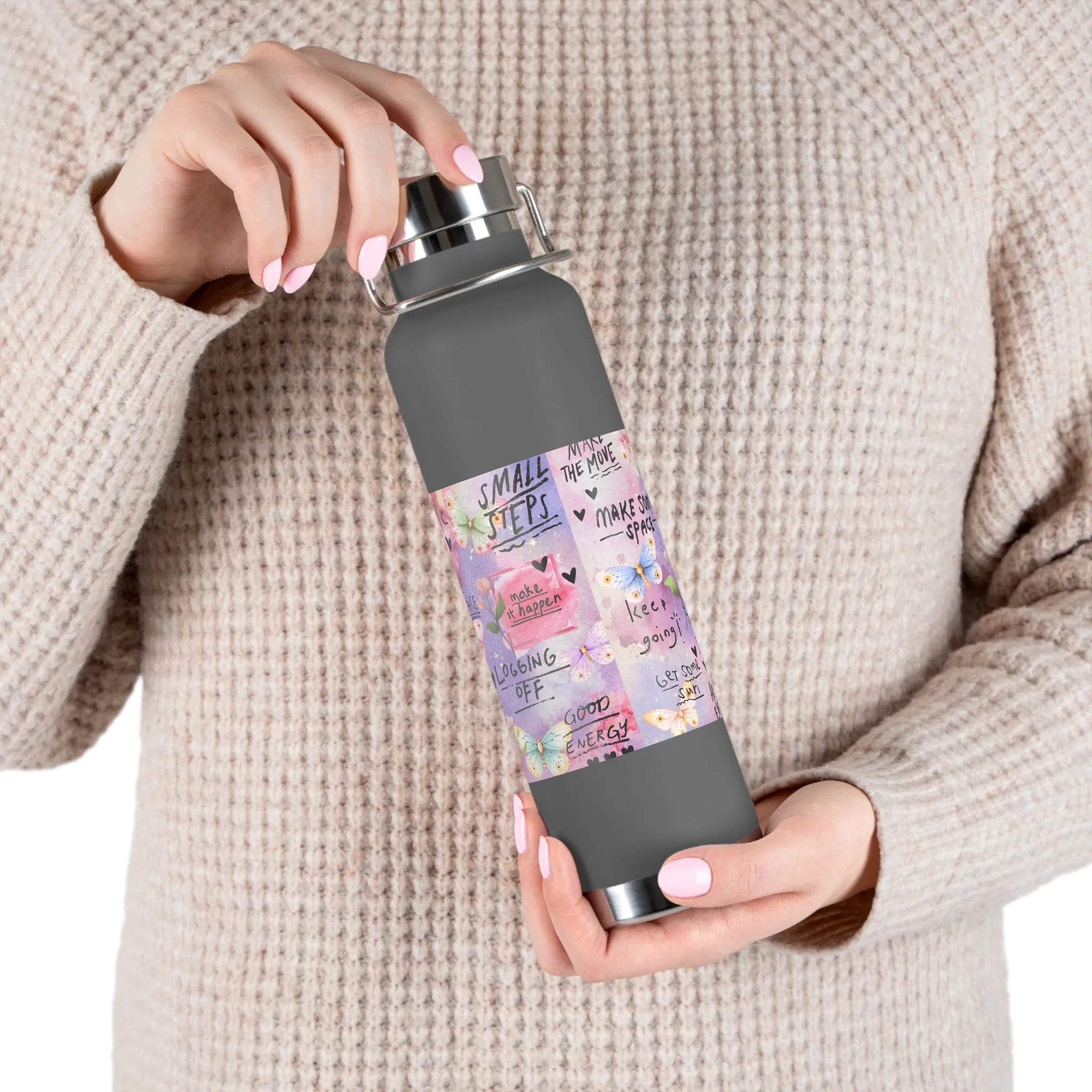 Inspirational Copper Insulated Water Bottle - 22oz - Motivational Quotes & Colorful Design
