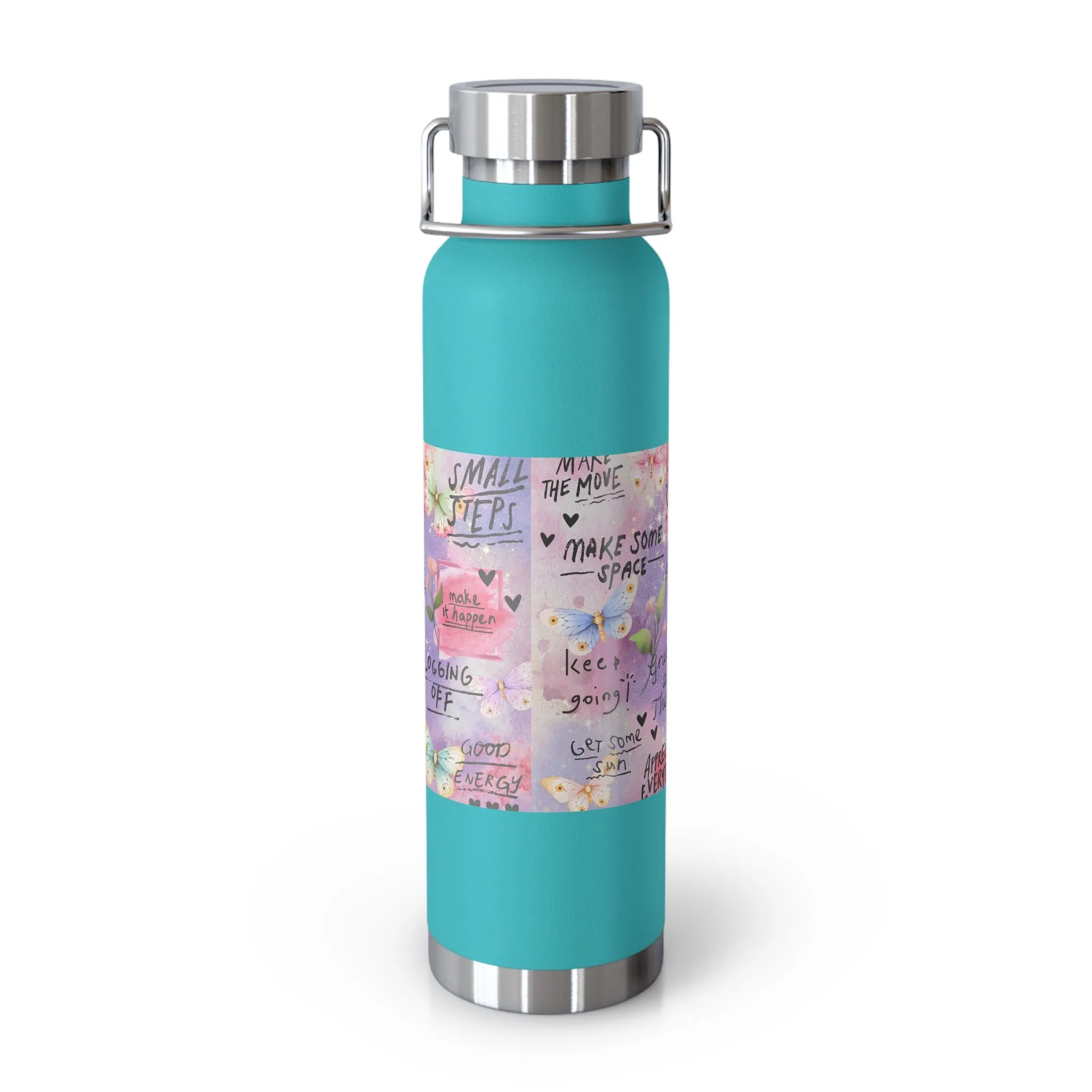 Inspirational Copper Insulated Water Bottle - 22oz - Motivational Quotes & Colorful Design