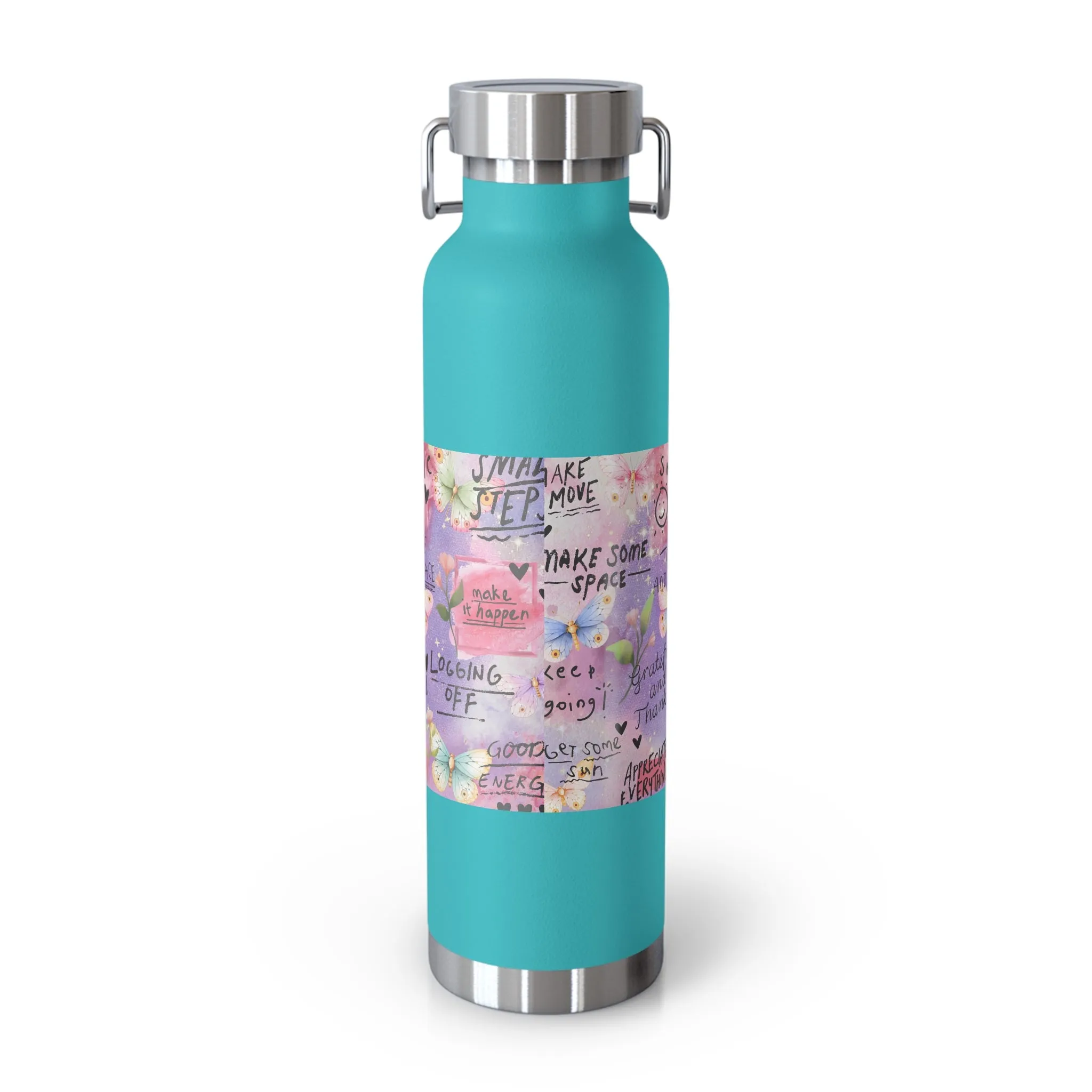 Inspirational Copper Insulated Water Bottle - 22oz - Motivational Quotes & Colorful Design