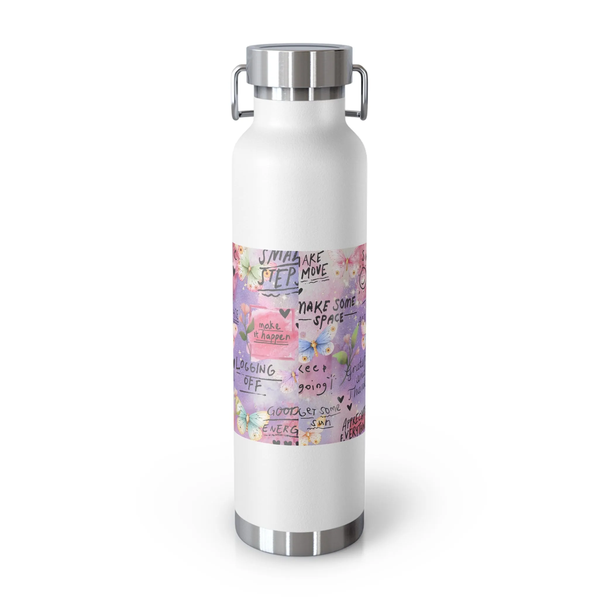 Inspirational Copper Insulated Water Bottle - 22oz - Motivational Quotes & Colorful Design