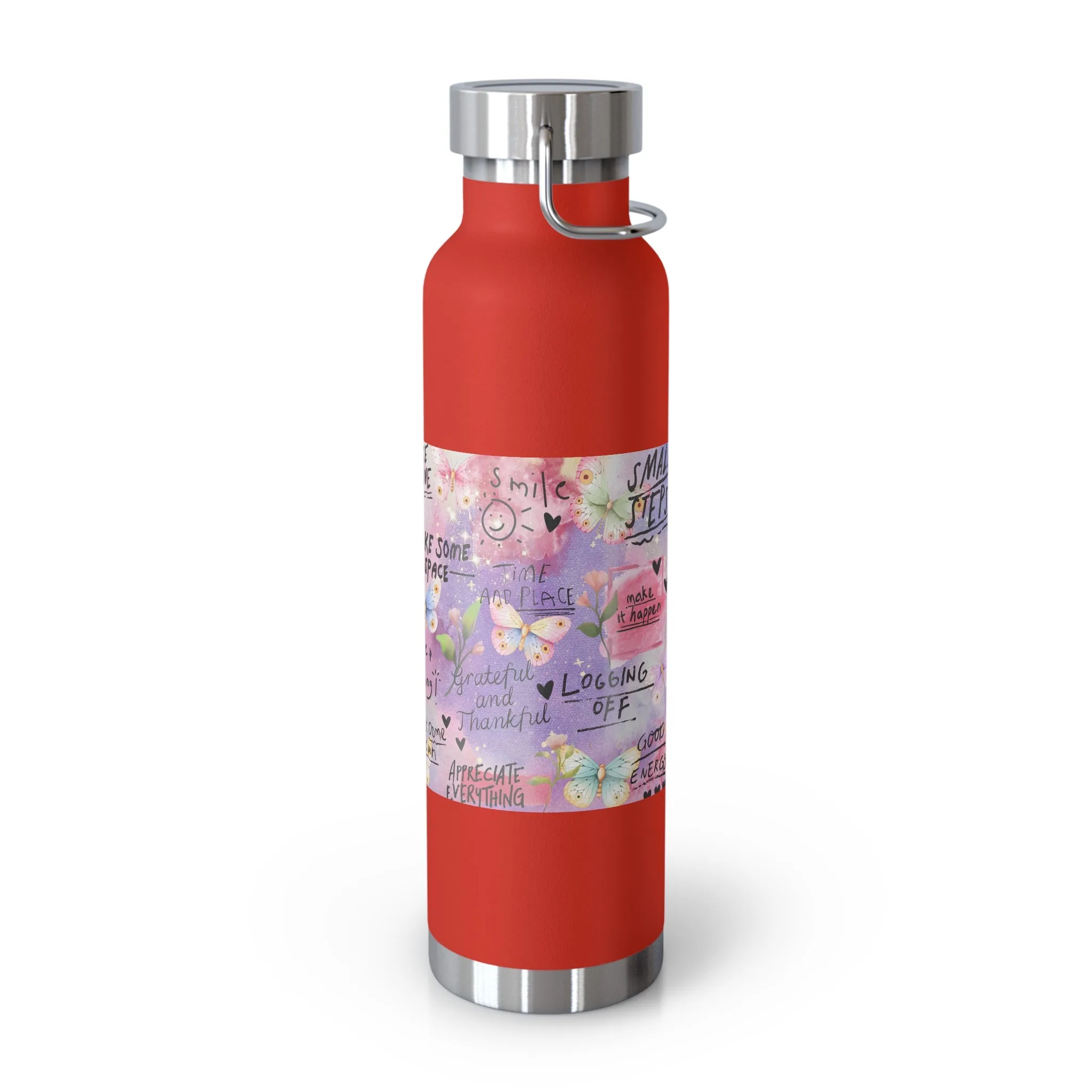 Inspirational Copper Insulated Water Bottle - 22oz - Motivational Quotes & Colorful Design