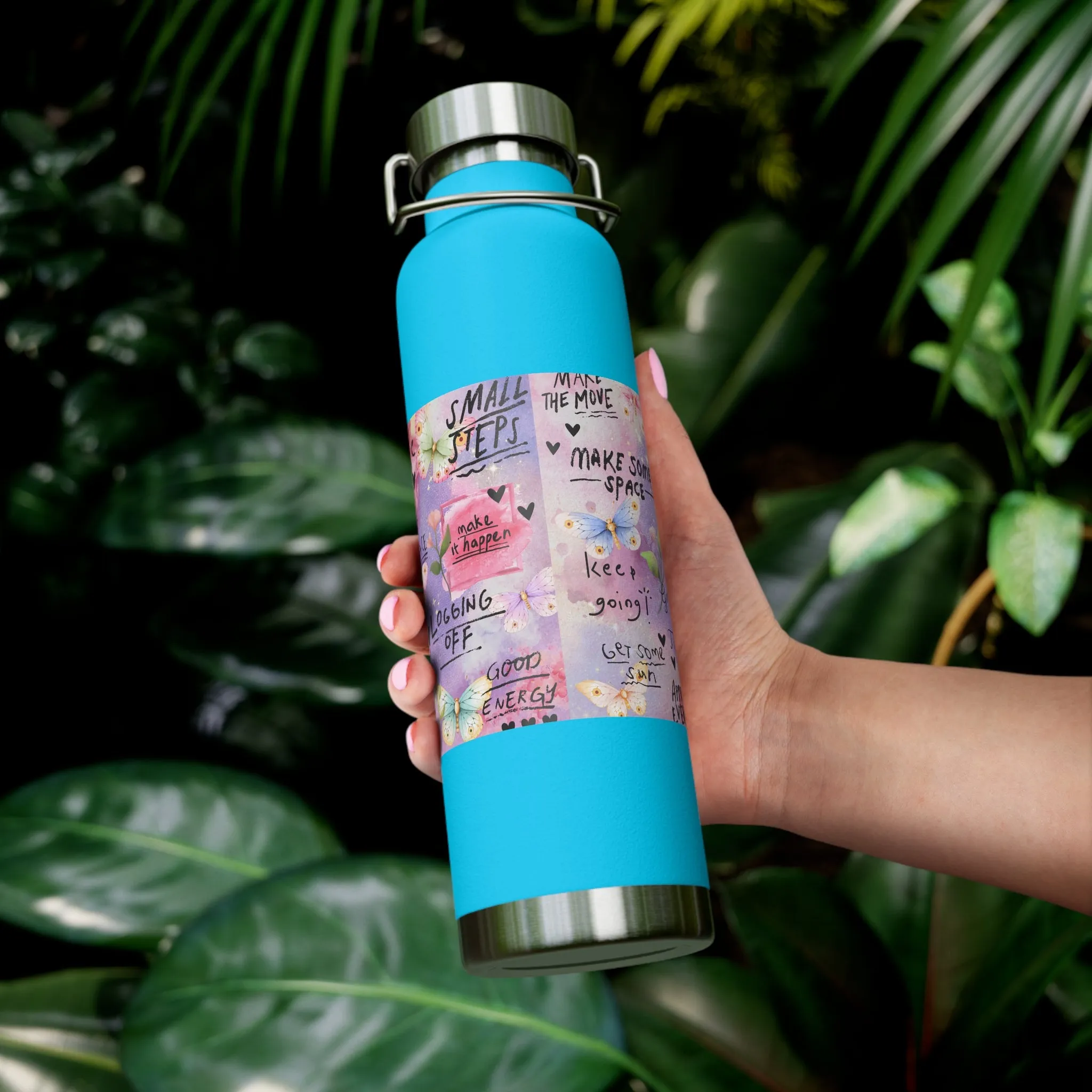 Inspirational Copper Insulated Water Bottle - 22oz - Motivational Quotes & Colorful Design