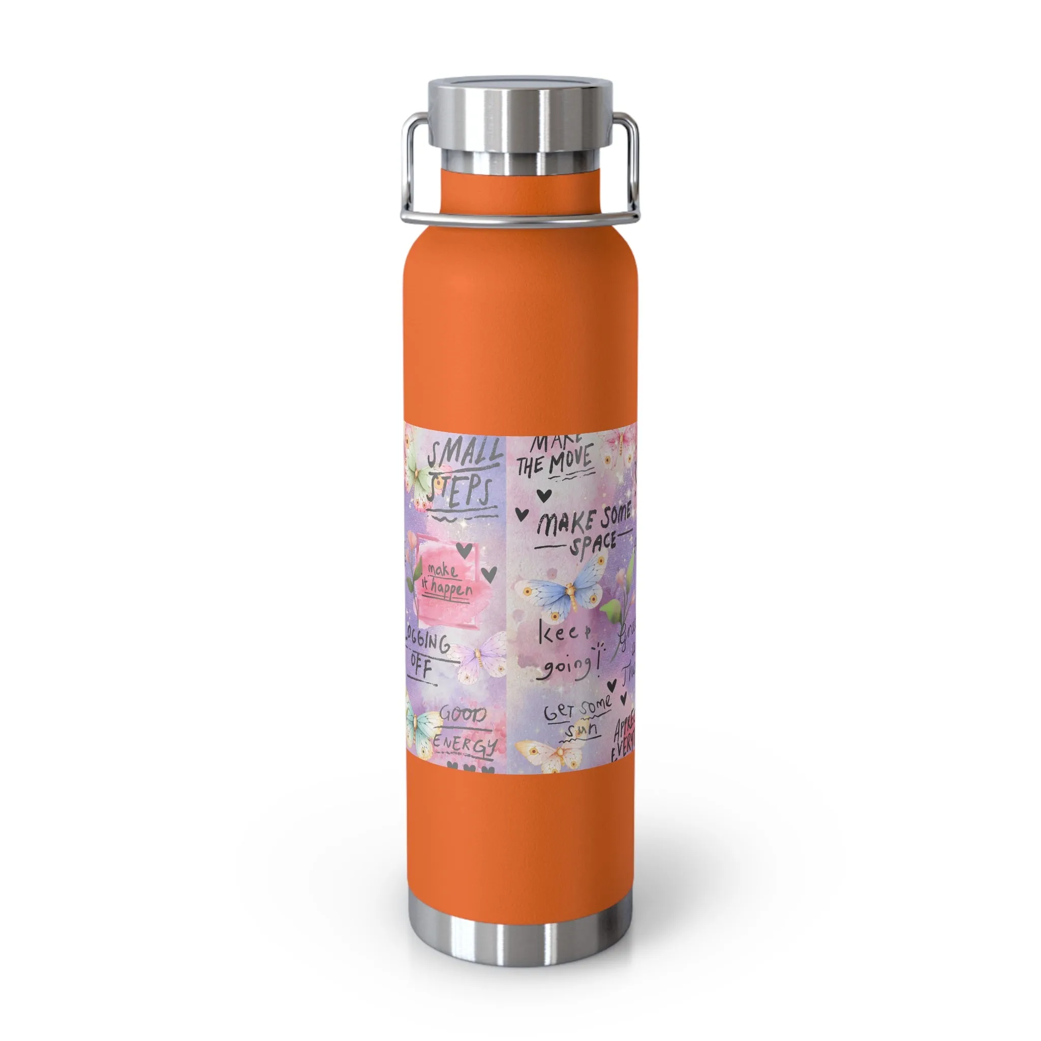 Inspirational Copper Insulated Water Bottle - 22oz - Motivational Quotes & Colorful Design
