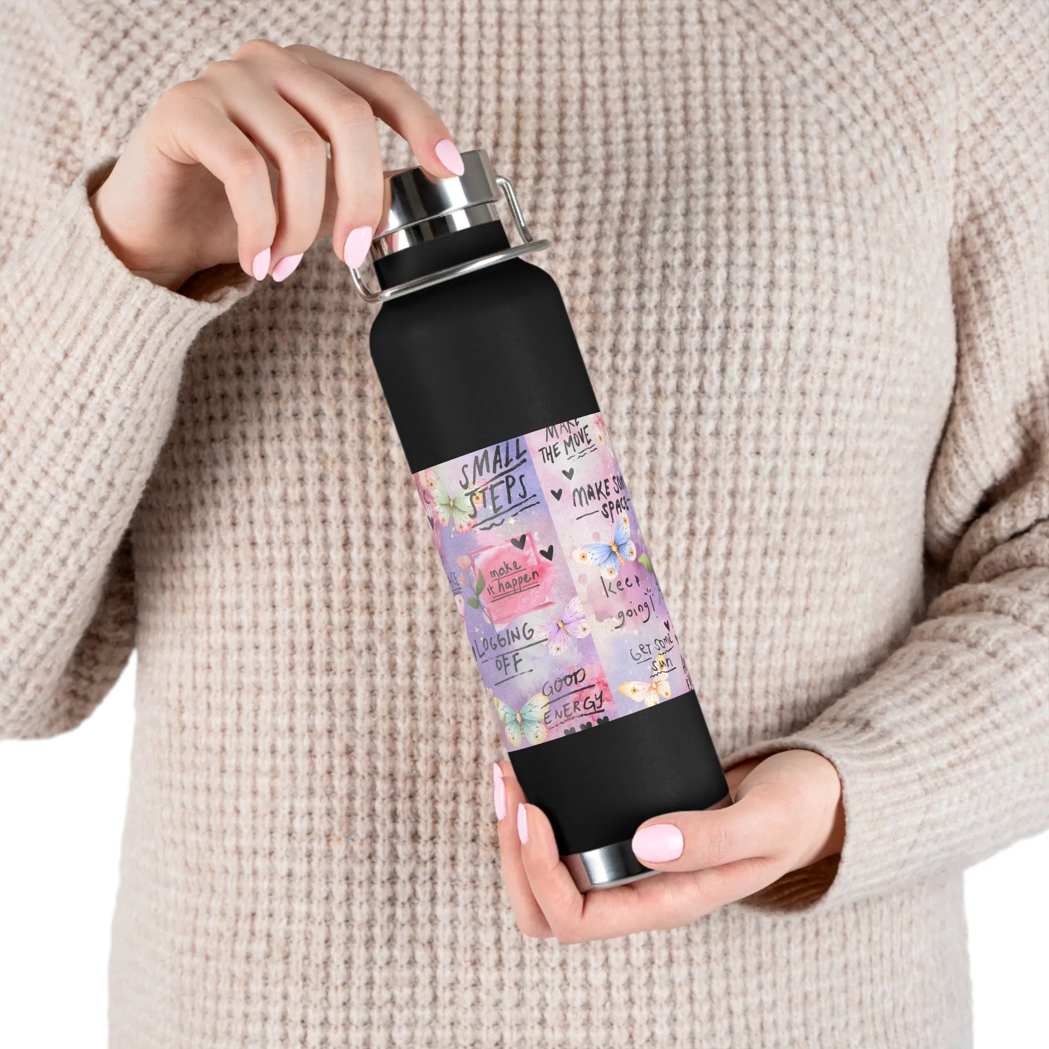 Inspirational Copper Insulated Water Bottle - 22oz - Motivational Quotes & Colorful Design