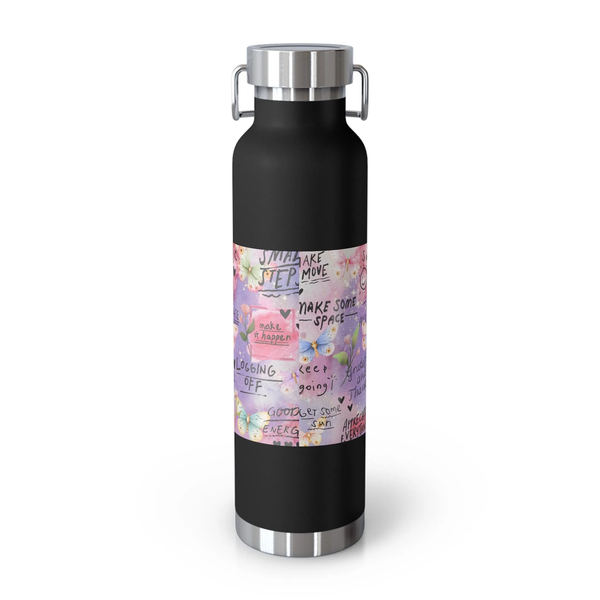 Inspirational Copper Insulated Water Bottle - 22oz - Motivational Quotes & Colorful Design