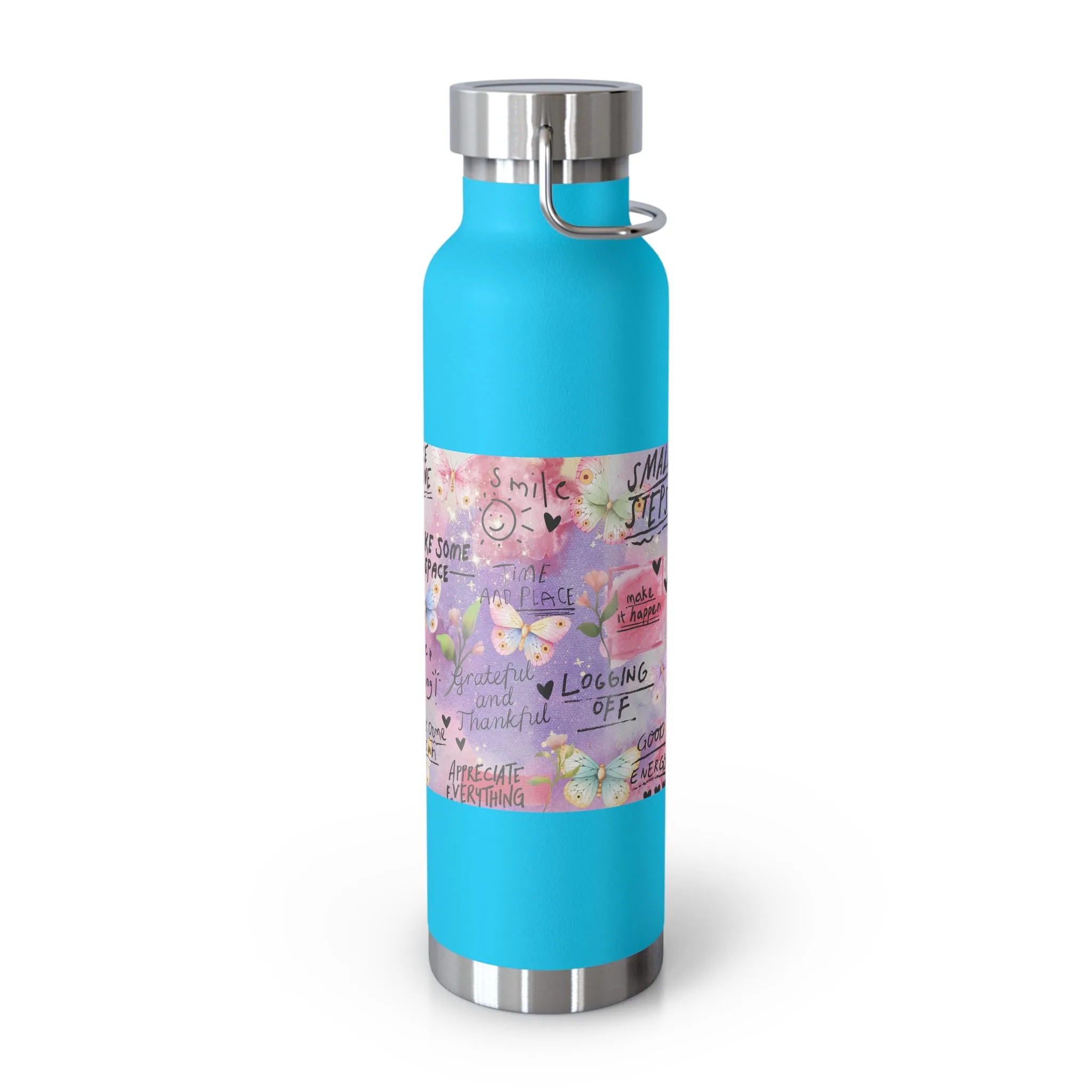 Inspirational Copper Insulated Water Bottle - 22oz - Motivational Quotes & Colorful Design