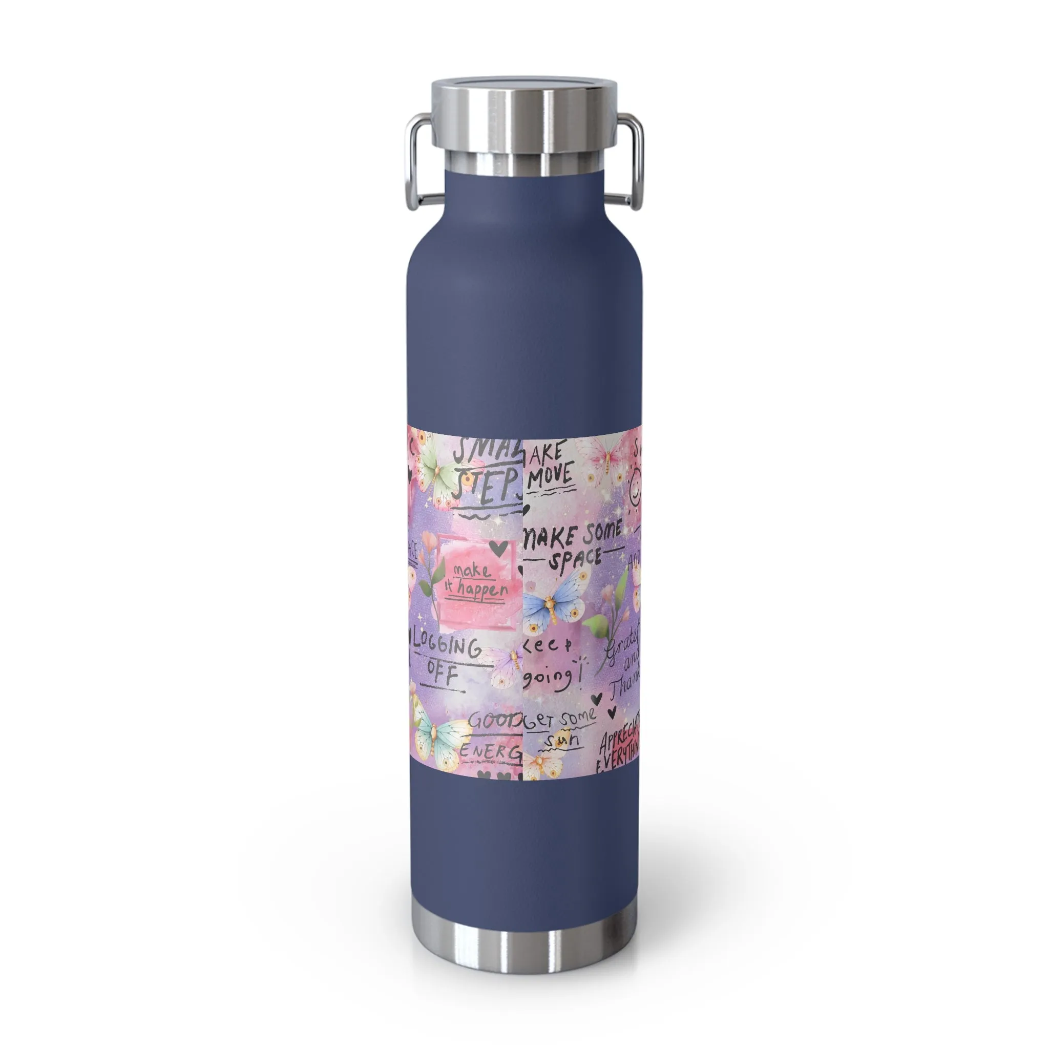 Inspirational Copper Insulated Water Bottle - 22oz - Motivational Quotes & Colorful Design