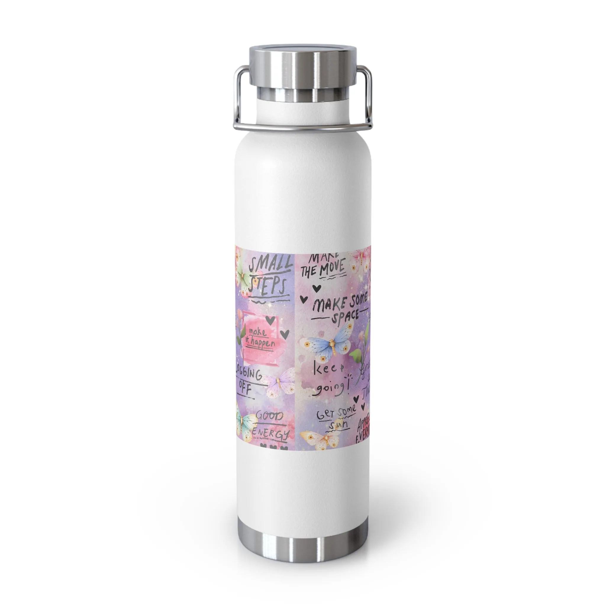 Inspirational Copper Insulated Water Bottle - 22oz - Motivational Quotes & Colorful Design