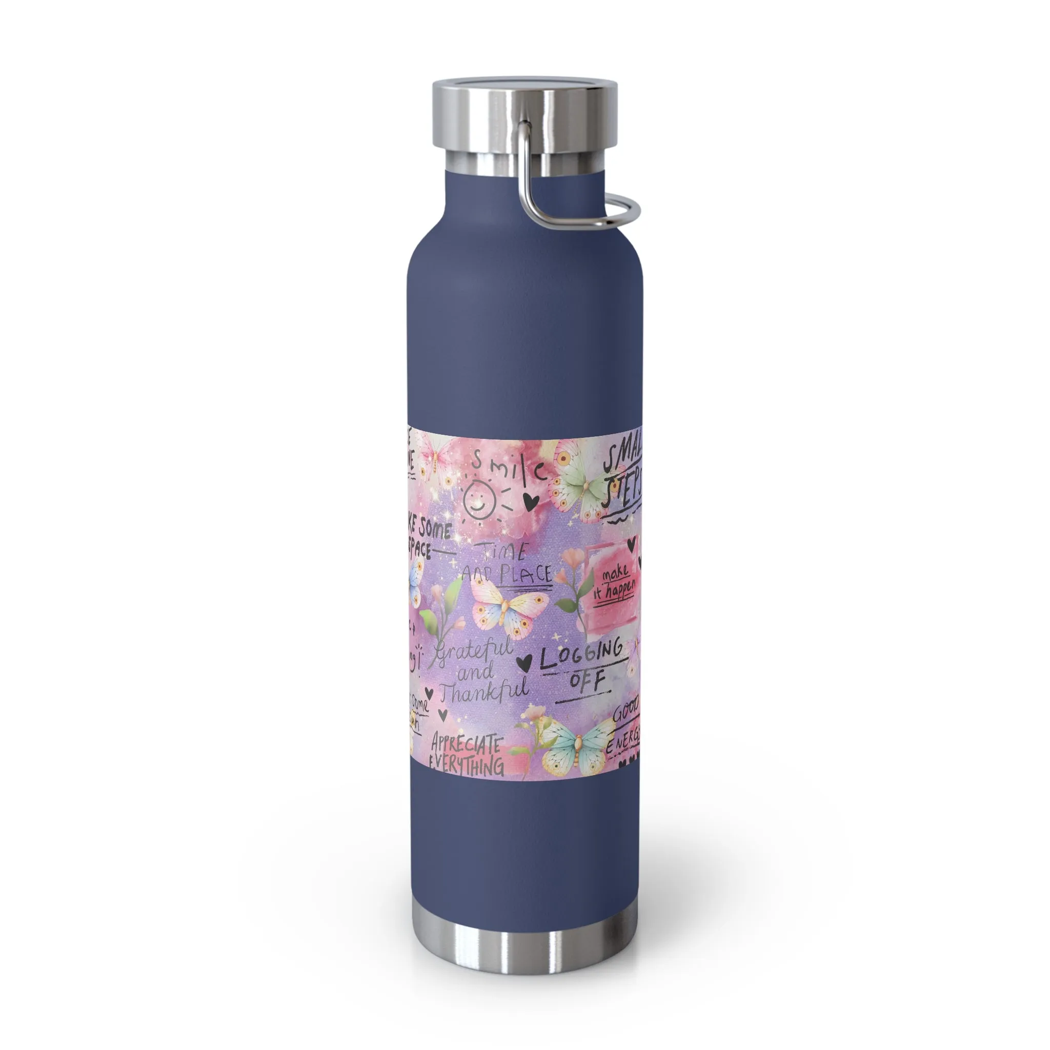 Inspirational Copper Insulated Water Bottle - 22oz - Motivational Quotes & Colorful Design