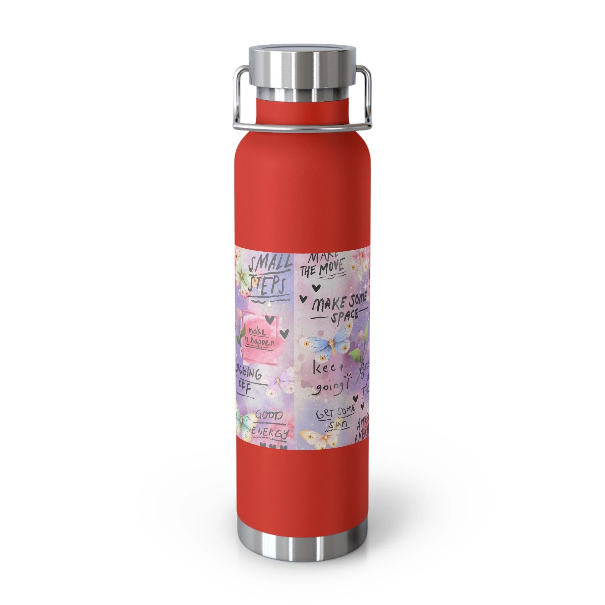 Inspirational Copper Insulated Water Bottle - 22oz - Motivational Quotes & Colorful Design
