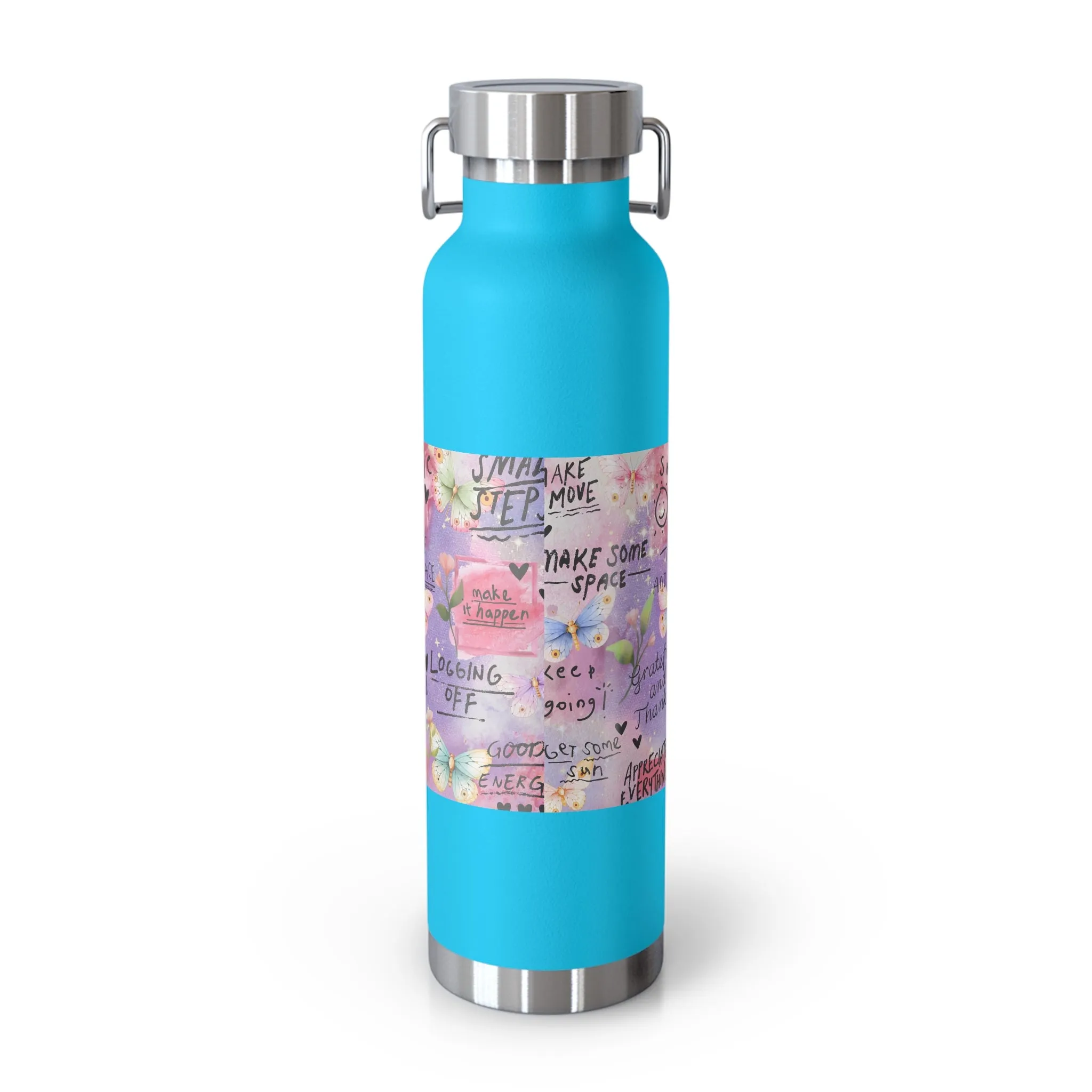 Inspirational Copper Insulated Water Bottle - 22oz - Motivational Quotes & Colorful Design