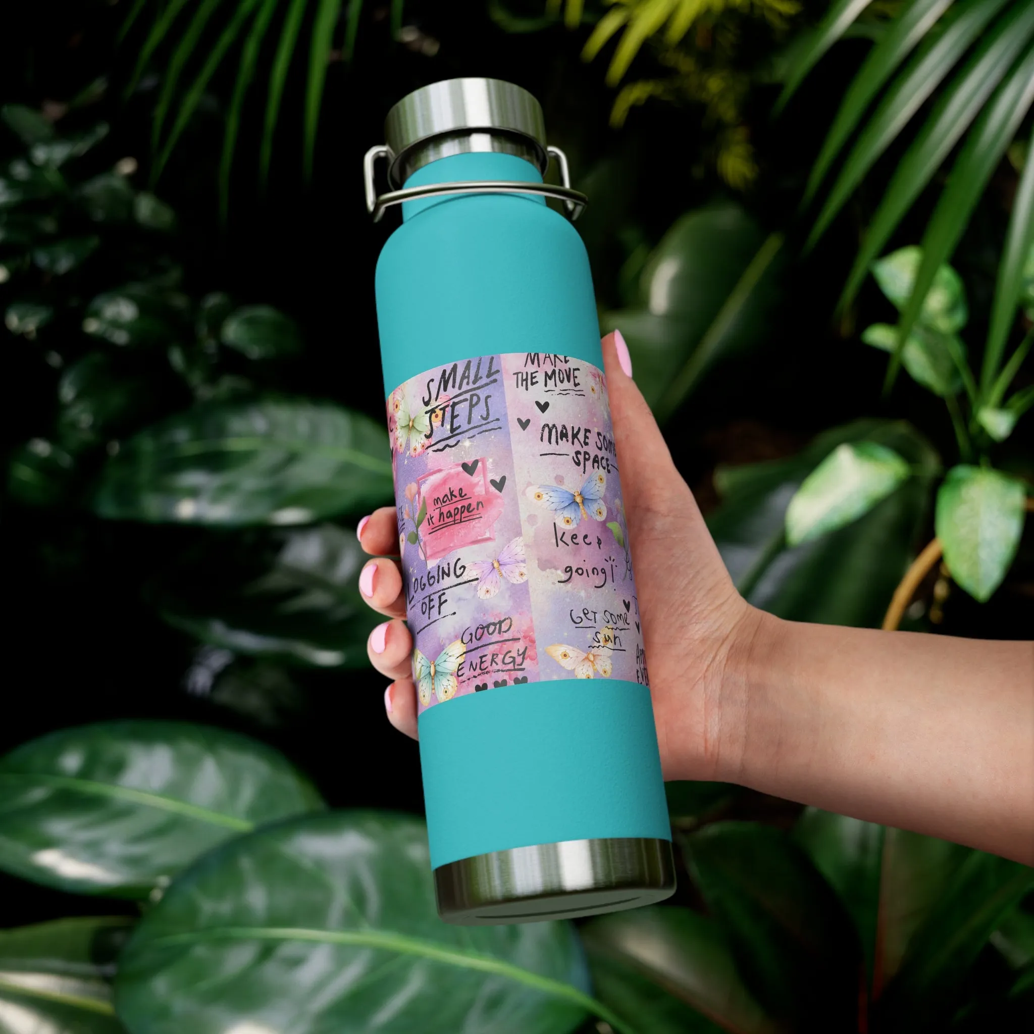 Inspirational Copper Insulated Water Bottle - 22oz - Motivational Quotes & Colorful Design