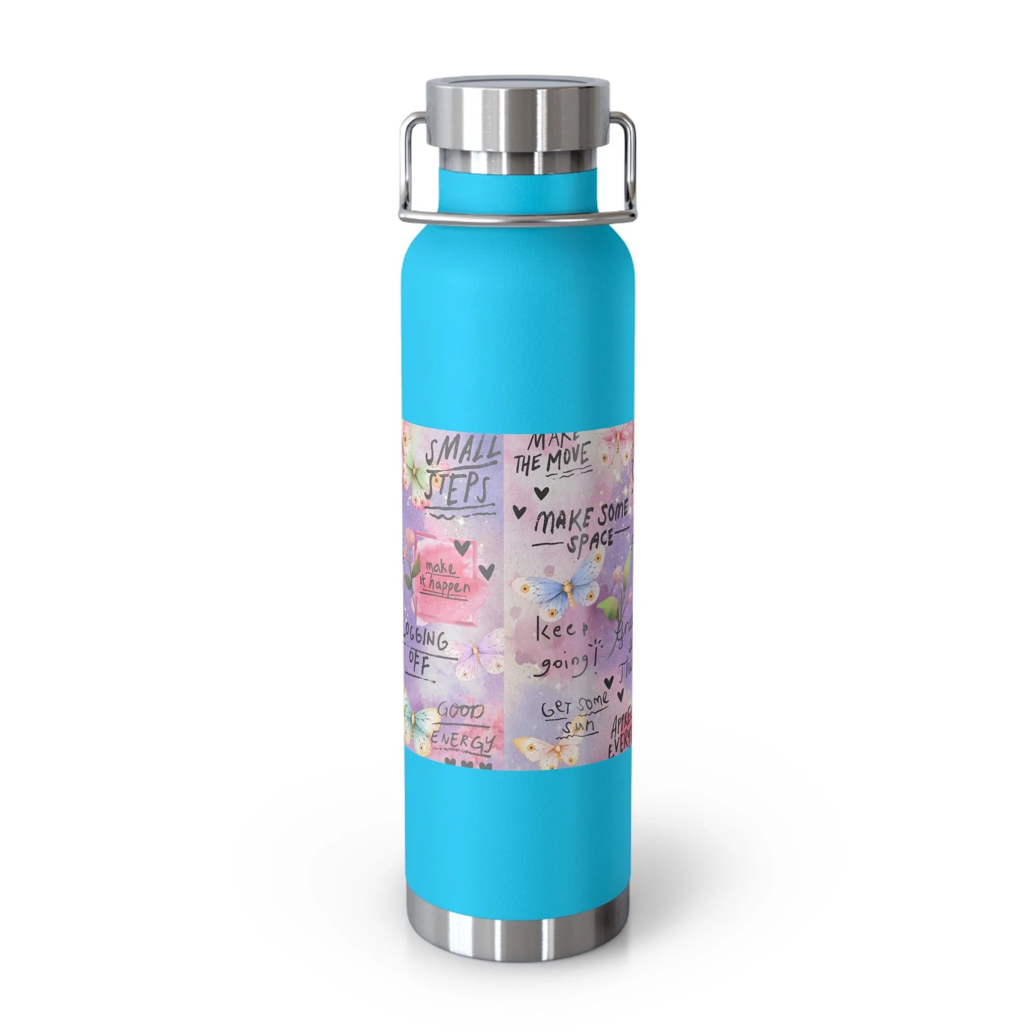 Inspirational Copper Insulated Water Bottle - 22oz - Motivational Quotes & Colorful Design