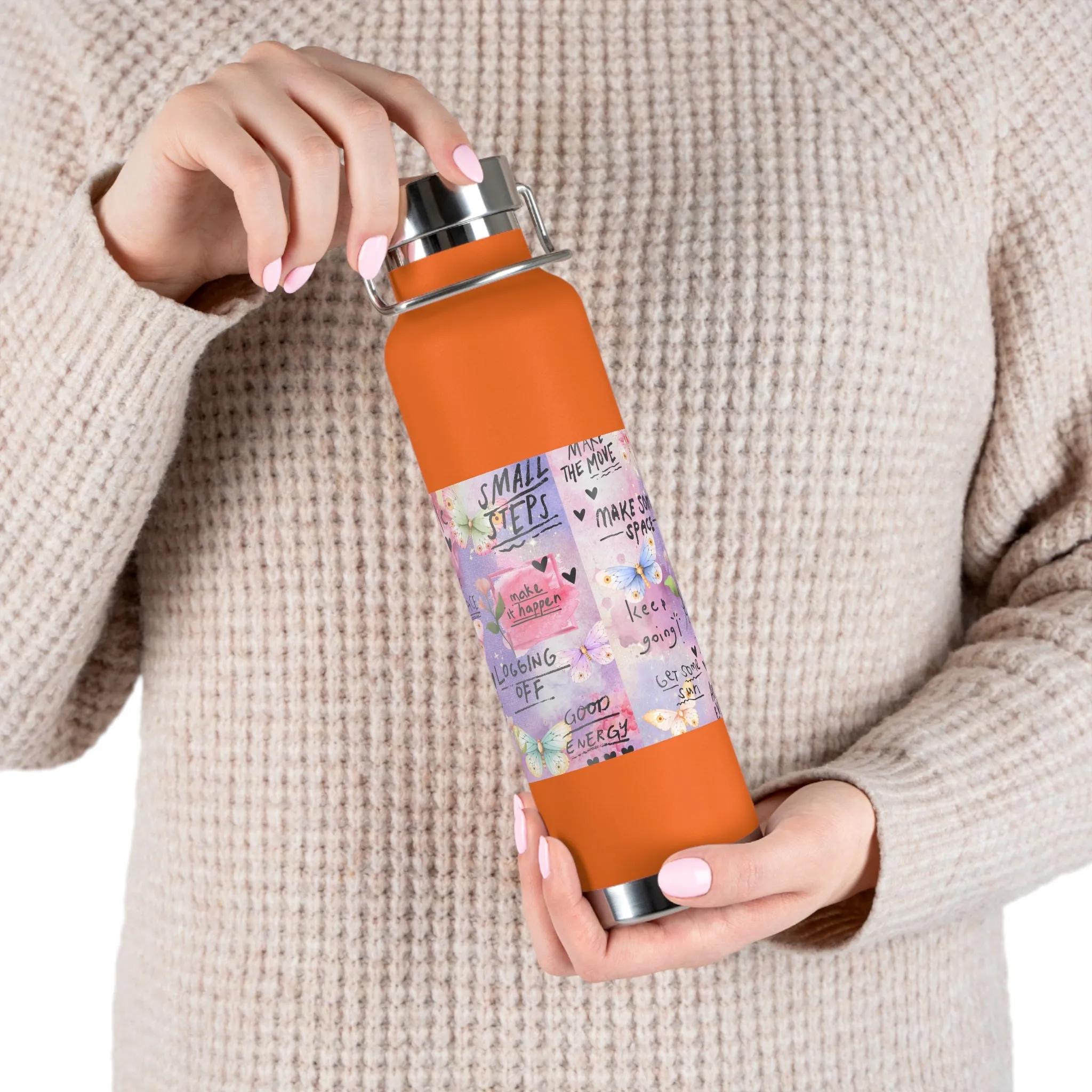 Inspirational Copper Insulated Water Bottle - 22oz - Motivational Quotes & Colorful Design