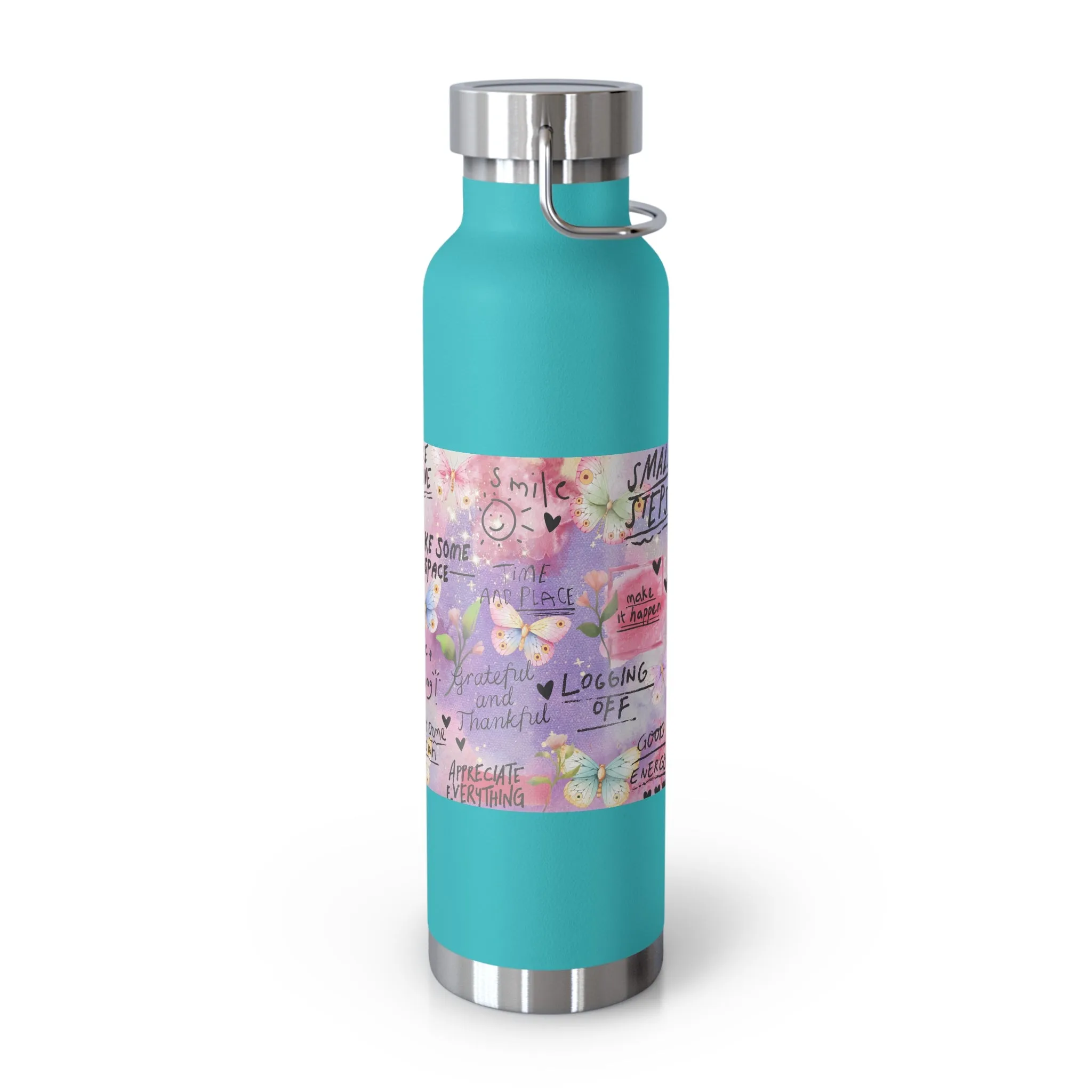 Inspirational Copper Insulated Water Bottle - 22oz - Motivational Quotes & Colorful Design