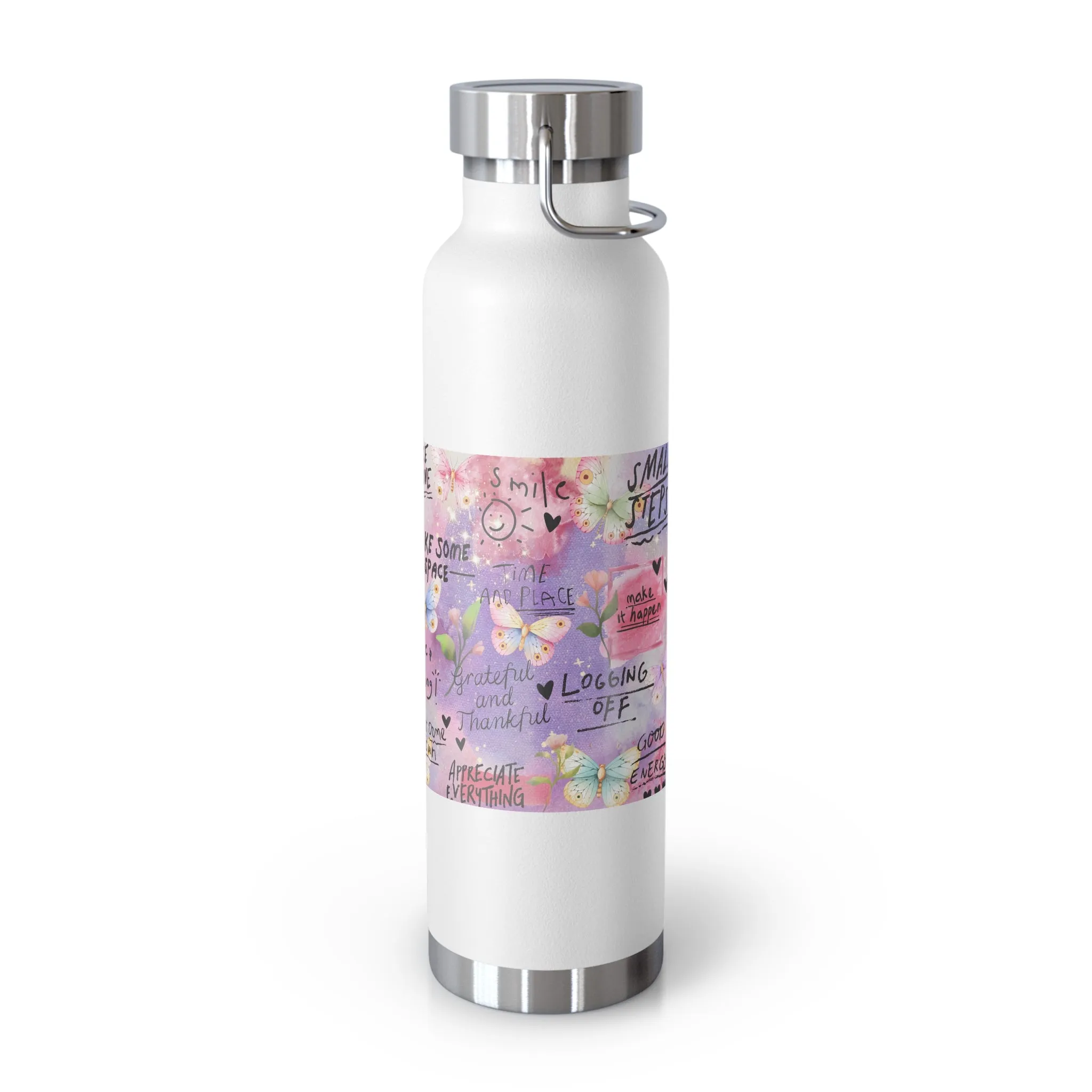 Inspirational Copper Insulated Water Bottle - 22oz - Motivational Quotes & Colorful Design
