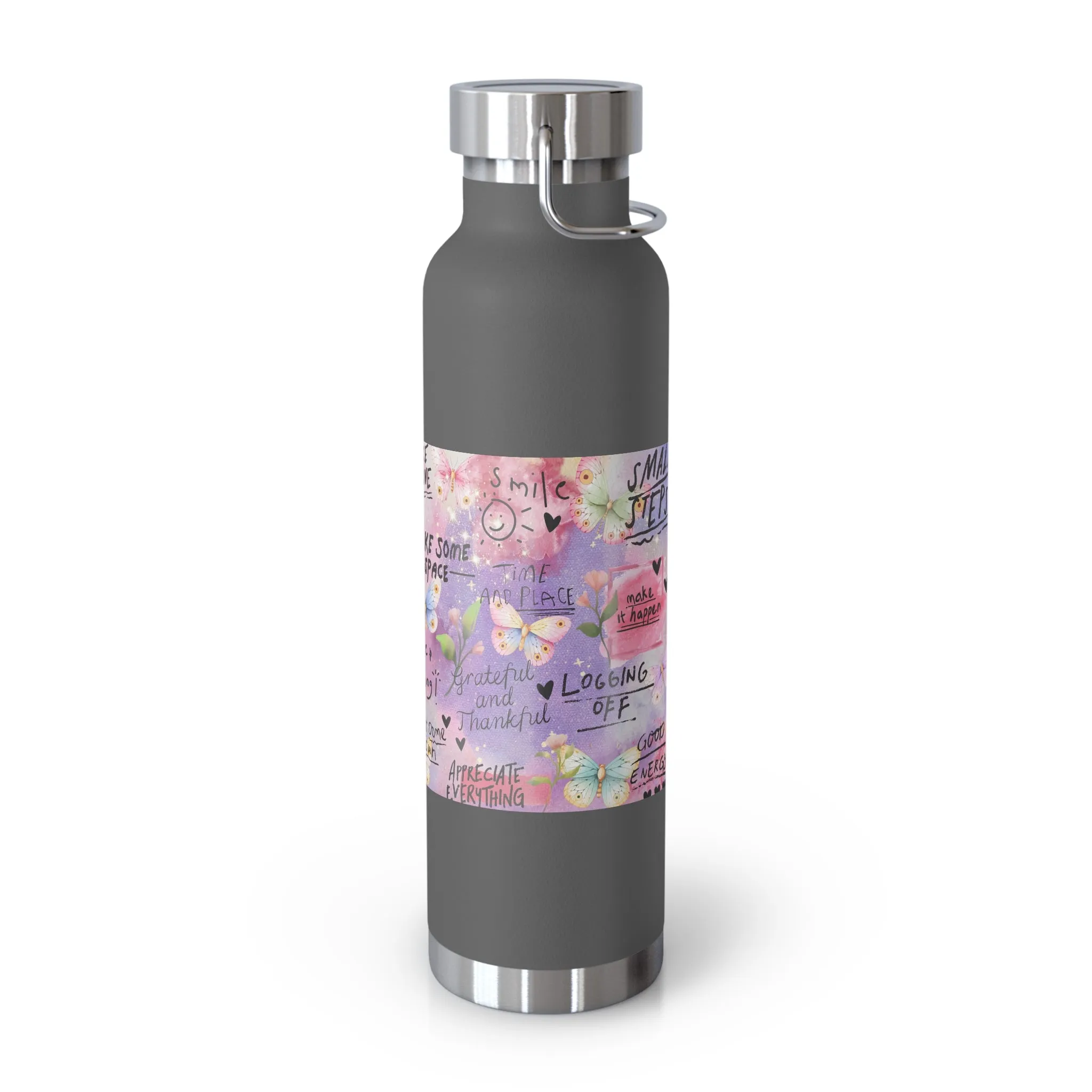 Inspirational Copper Insulated Water Bottle - 22oz - Motivational Quotes & Colorful Design