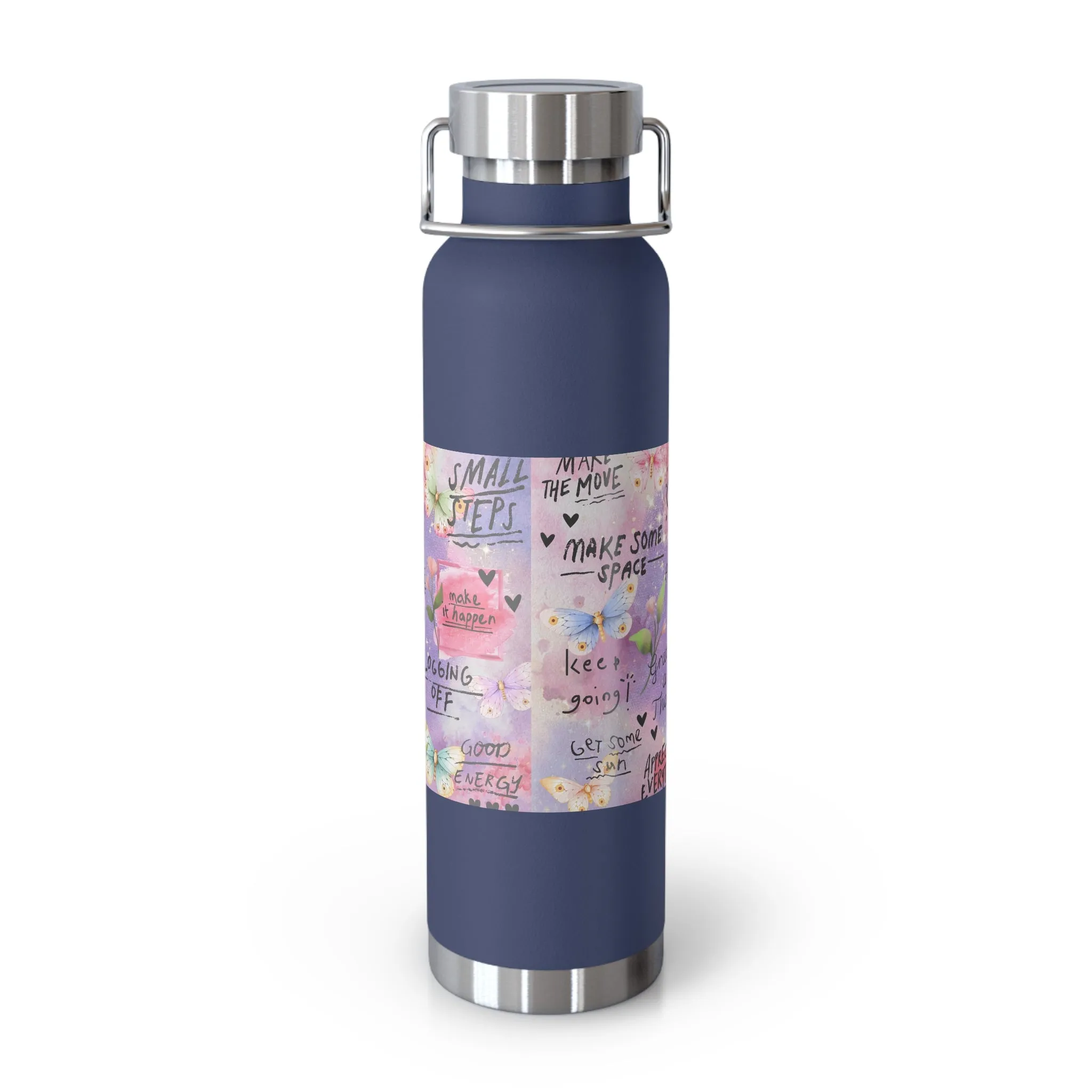 Inspirational Copper Insulated Water Bottle - 22oz - Motivational Quotes & Colorful Design