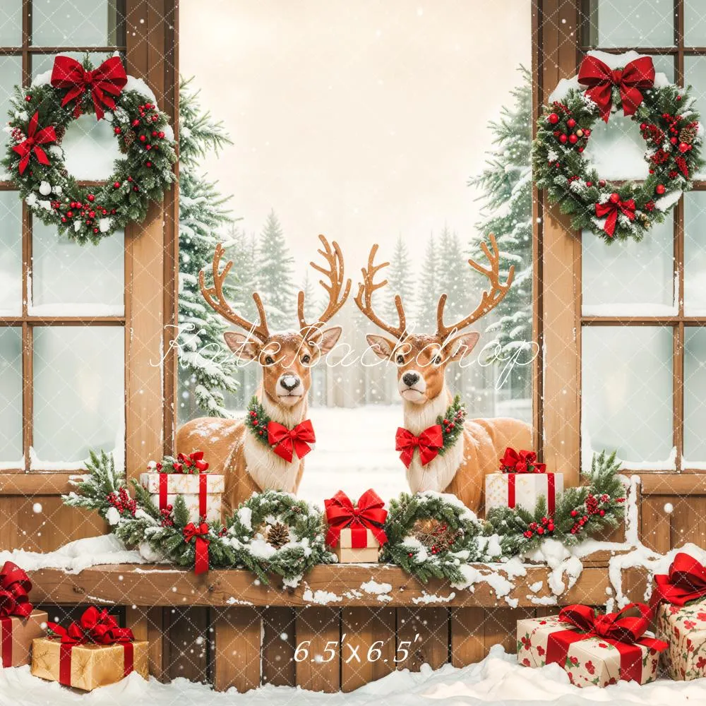 Kate Christmas Elk Wooden Door Snow Backdrop Designed by Emetselch