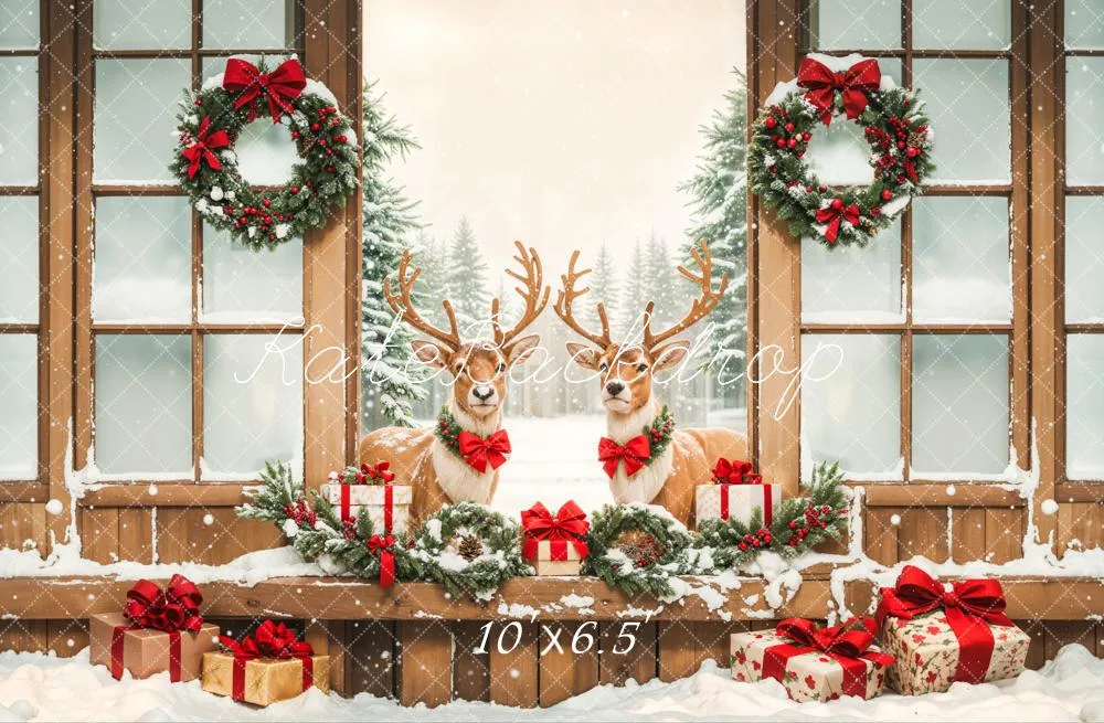 Kate Christmas Elk Wooden Door Snow Backdrop Designed by Emetselch