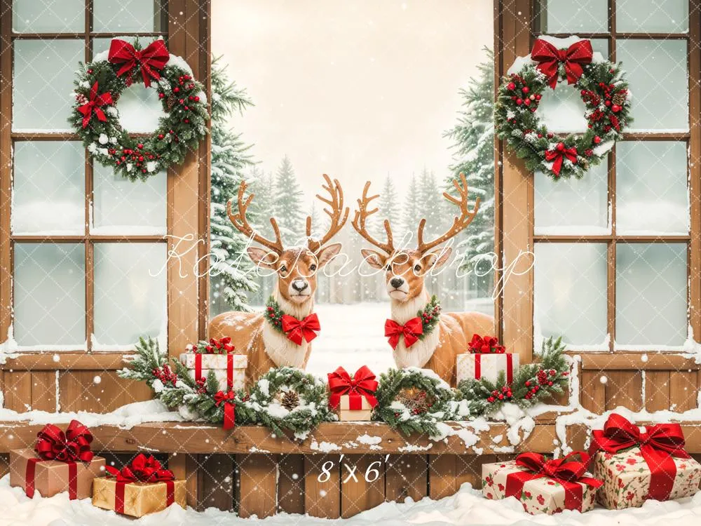 Kate Christmas Elk Wooden Door Snow Backdrop Designed by Emetselch